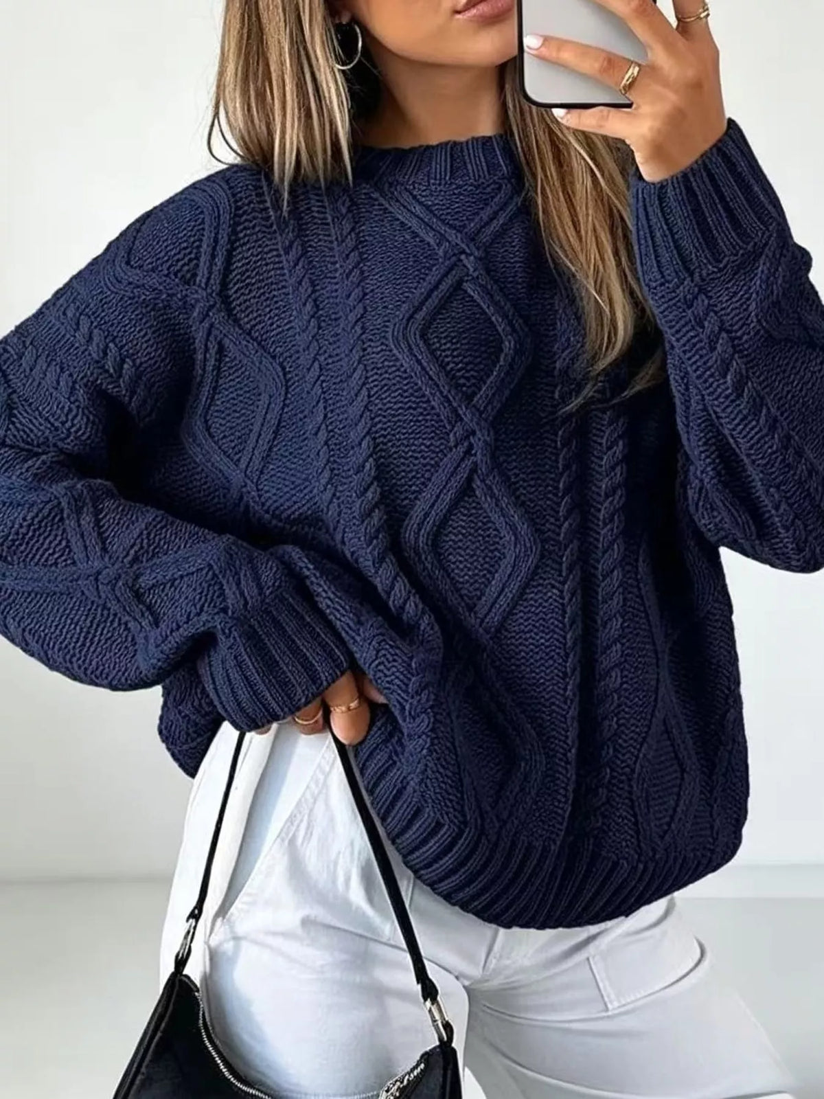 full size cable-knit round neck sweater plus | dropsona - neutral - material texture