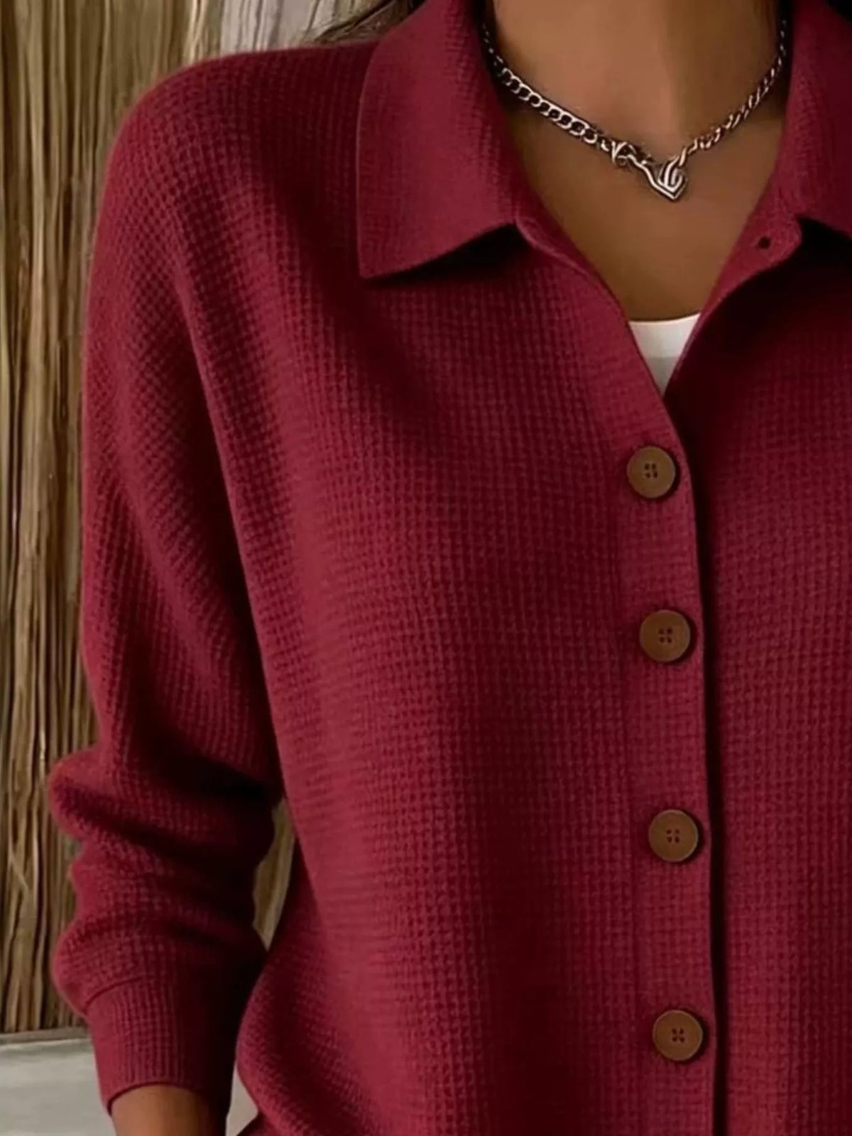 full size waffle knit button-down shirt plus | dropsona - neutral - material texture