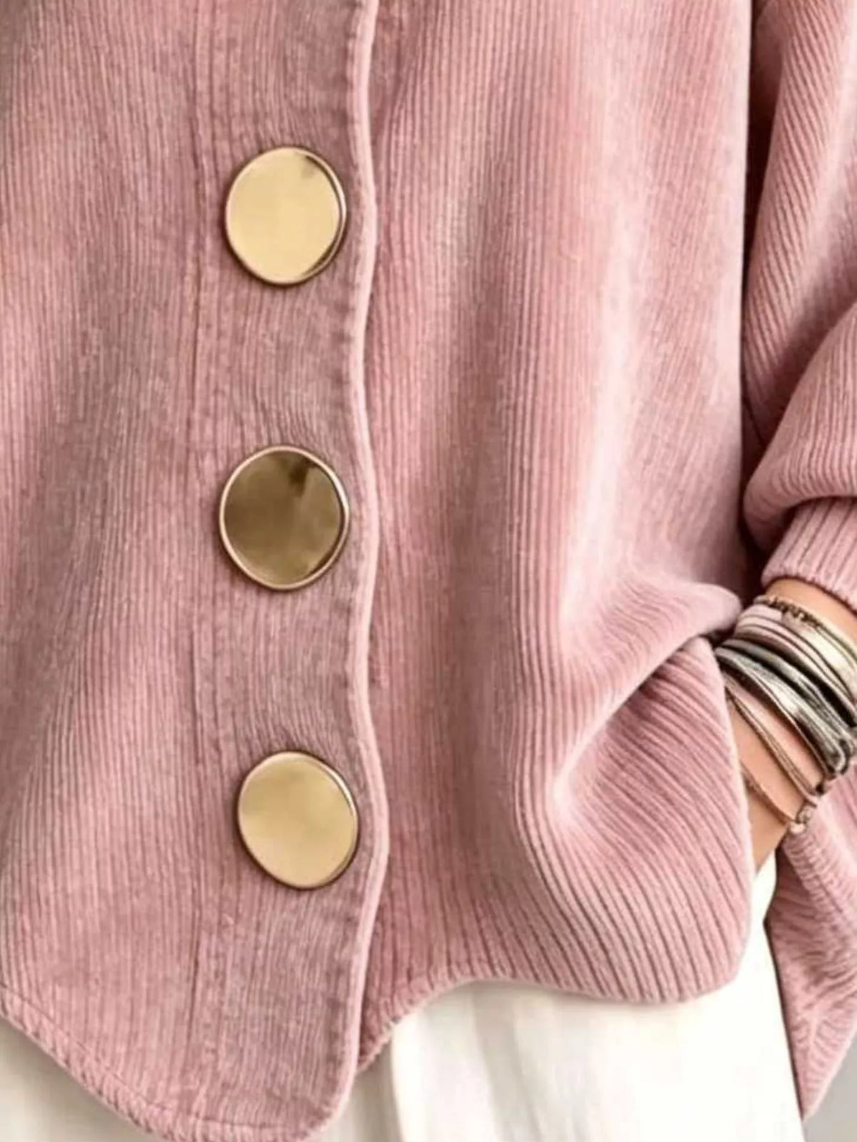 full size ribbed knit gold buttons cardigan plus | dropsona - neutral - close-up detail