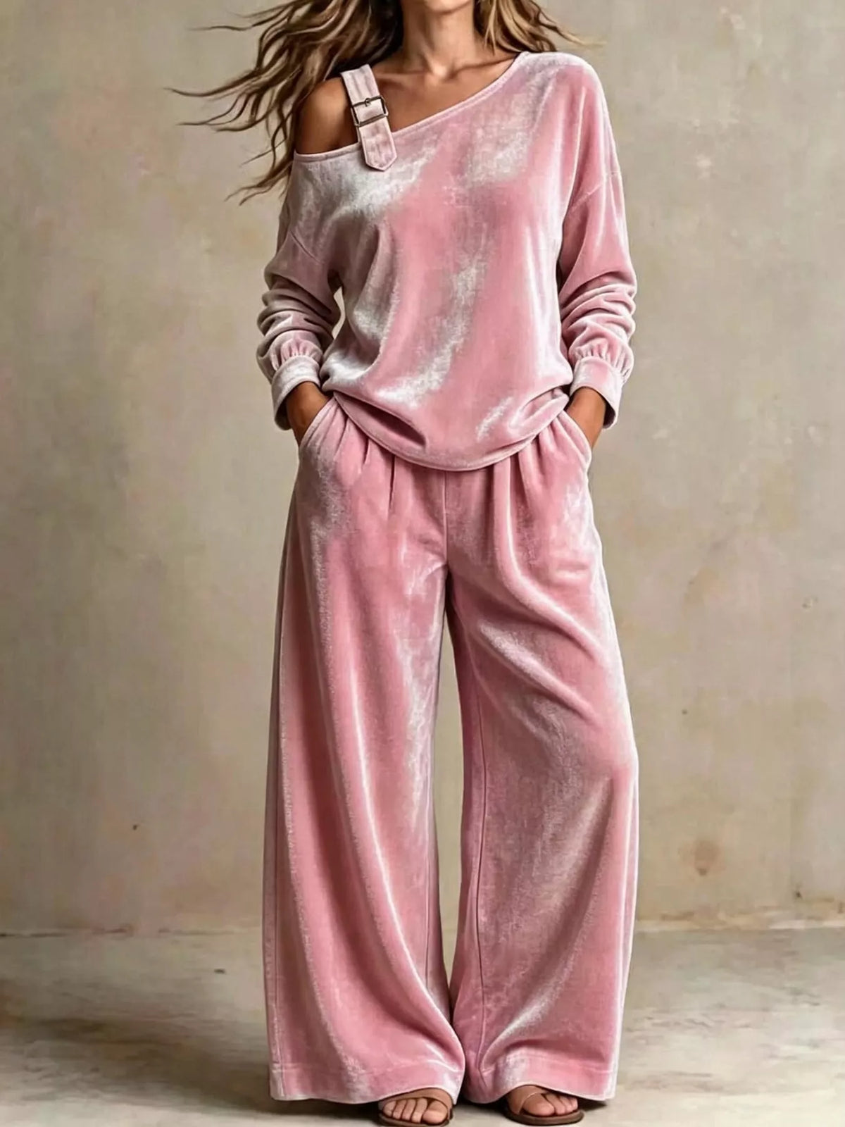 asymmetrical neck top and pants set | dropsona - neutral - usage example