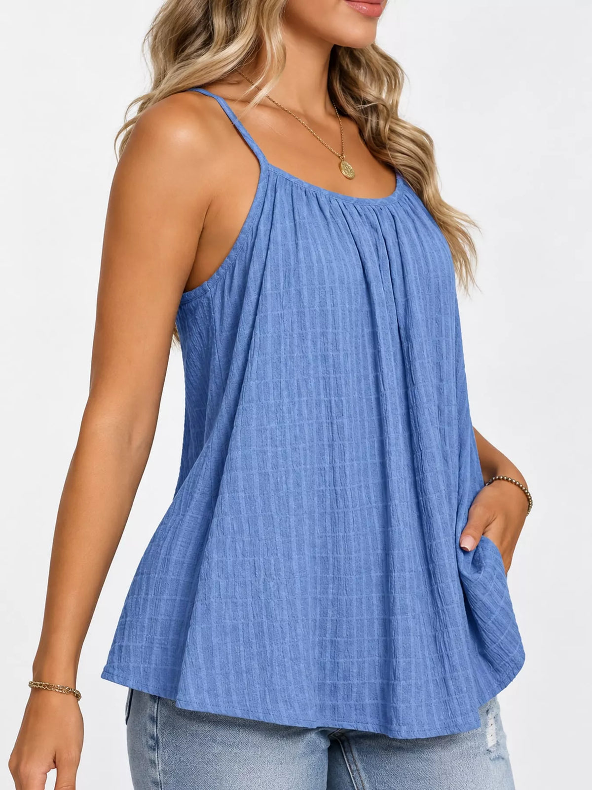 casual textured cami – pleated,backless fit | dropsona - neutral - front view