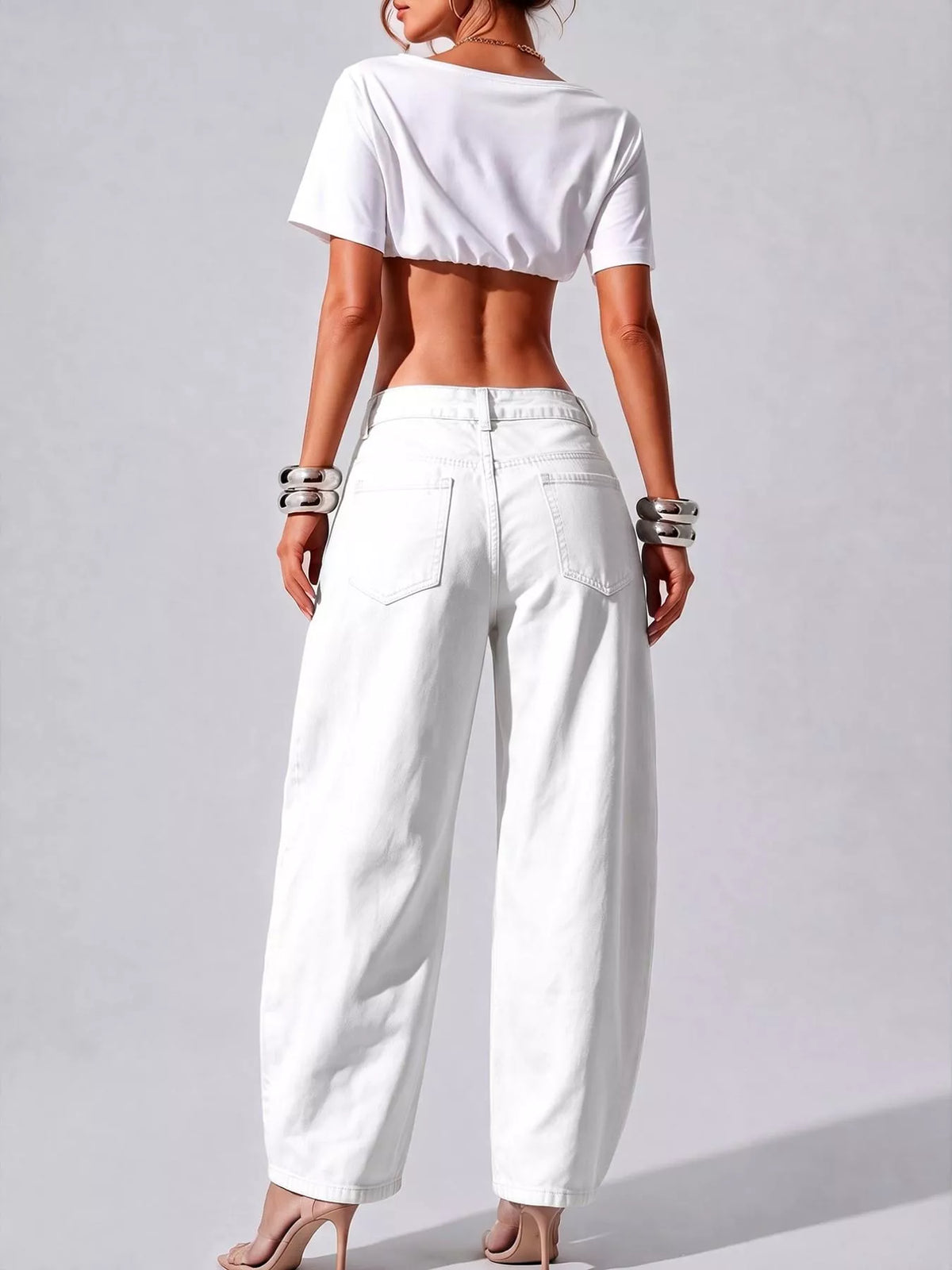 decorative button wide leg jeans – buttoned,pocketed | dropsona - neutral - material texture