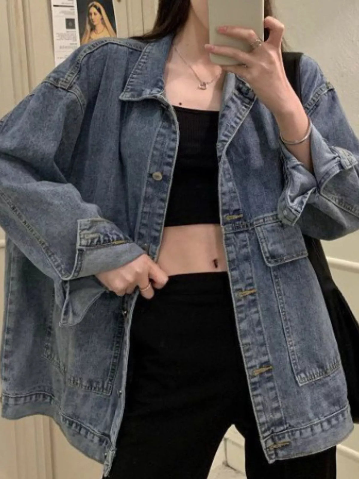 oversized wash denim jacket with utility pockets | dropsona - neutral - usage example