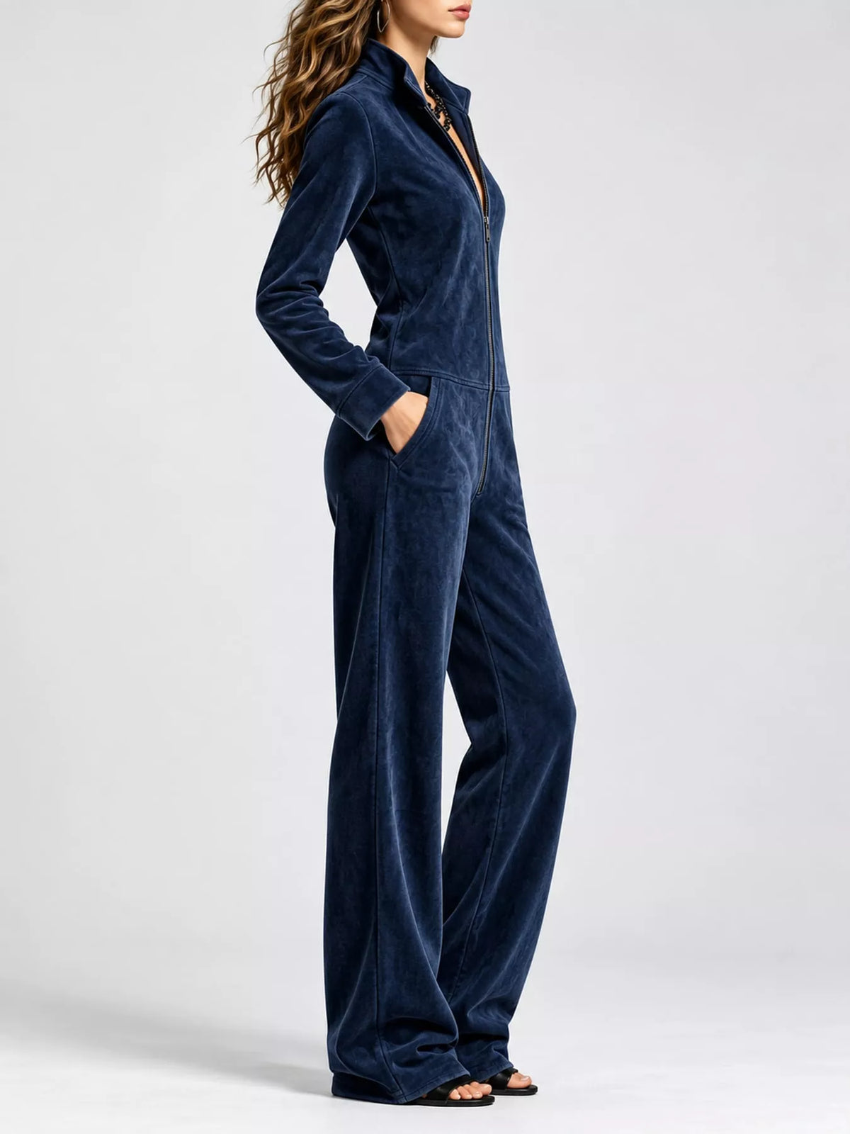 full size chic velour zip-up jumpsuit with pockets | dropsona - neutral - front view