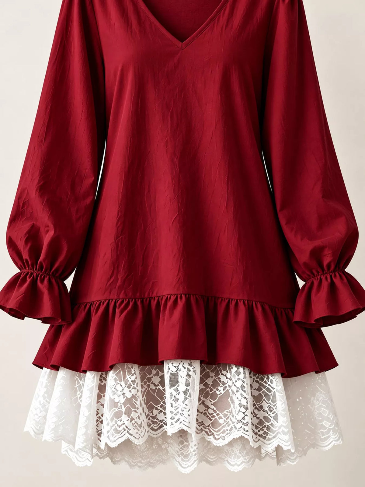 lace hem v-neck flounce sleeve dress | dropsona - neutral - close-up detail