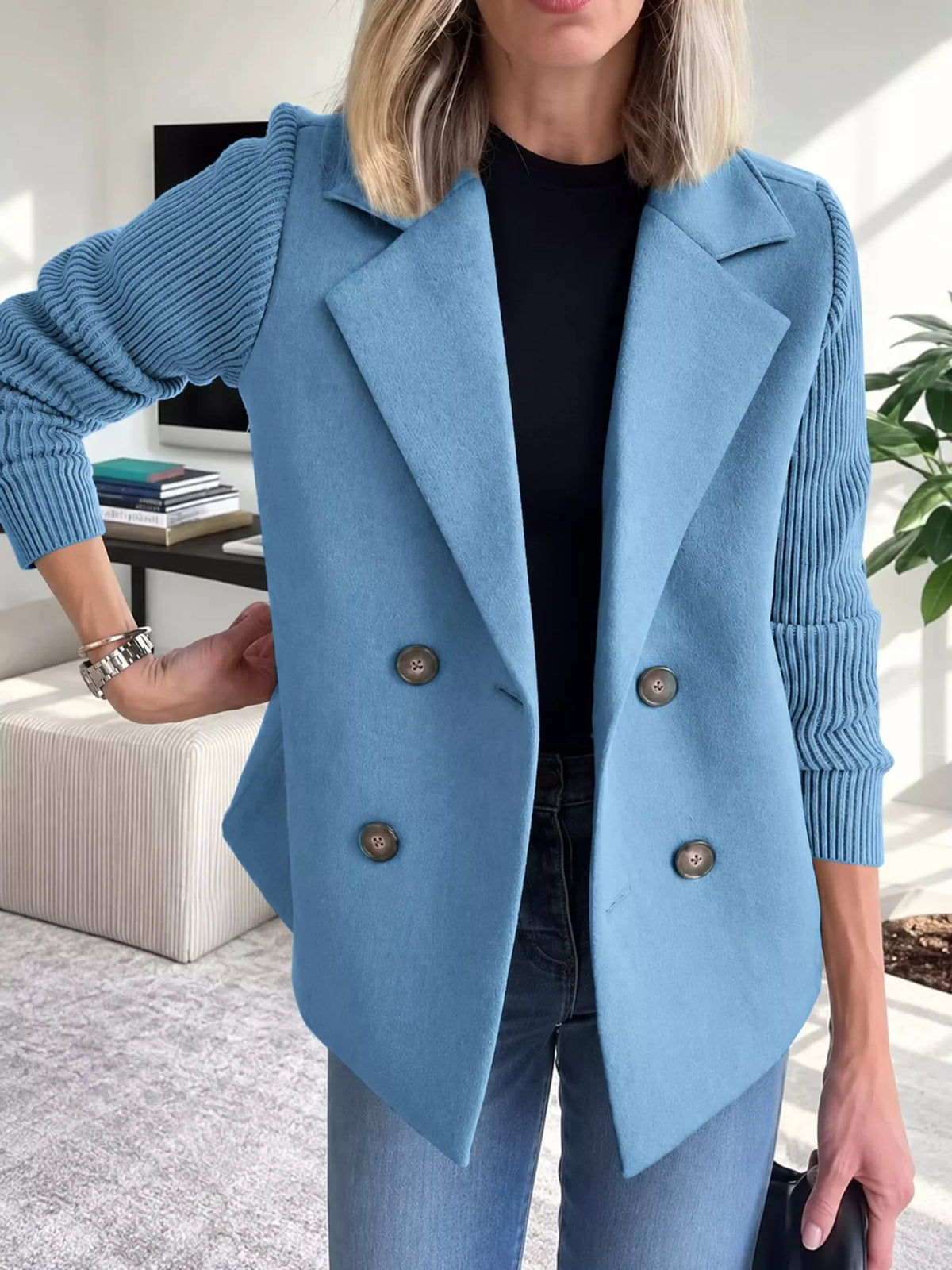 full size double-breasted lapel collar blazer plus | dropsona - neutral - close-up detail