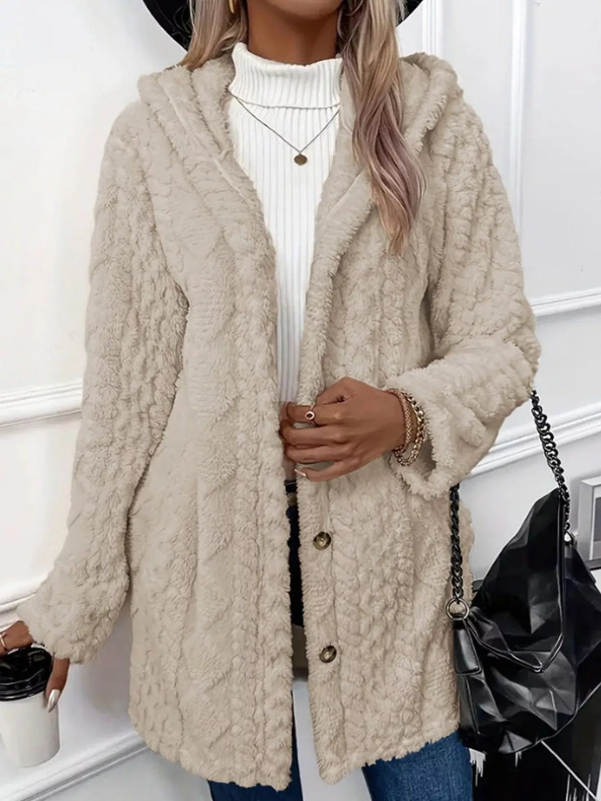 full size cozy cable-knit faux fur hooded outerwear | dropsona - neutral - close-up detail