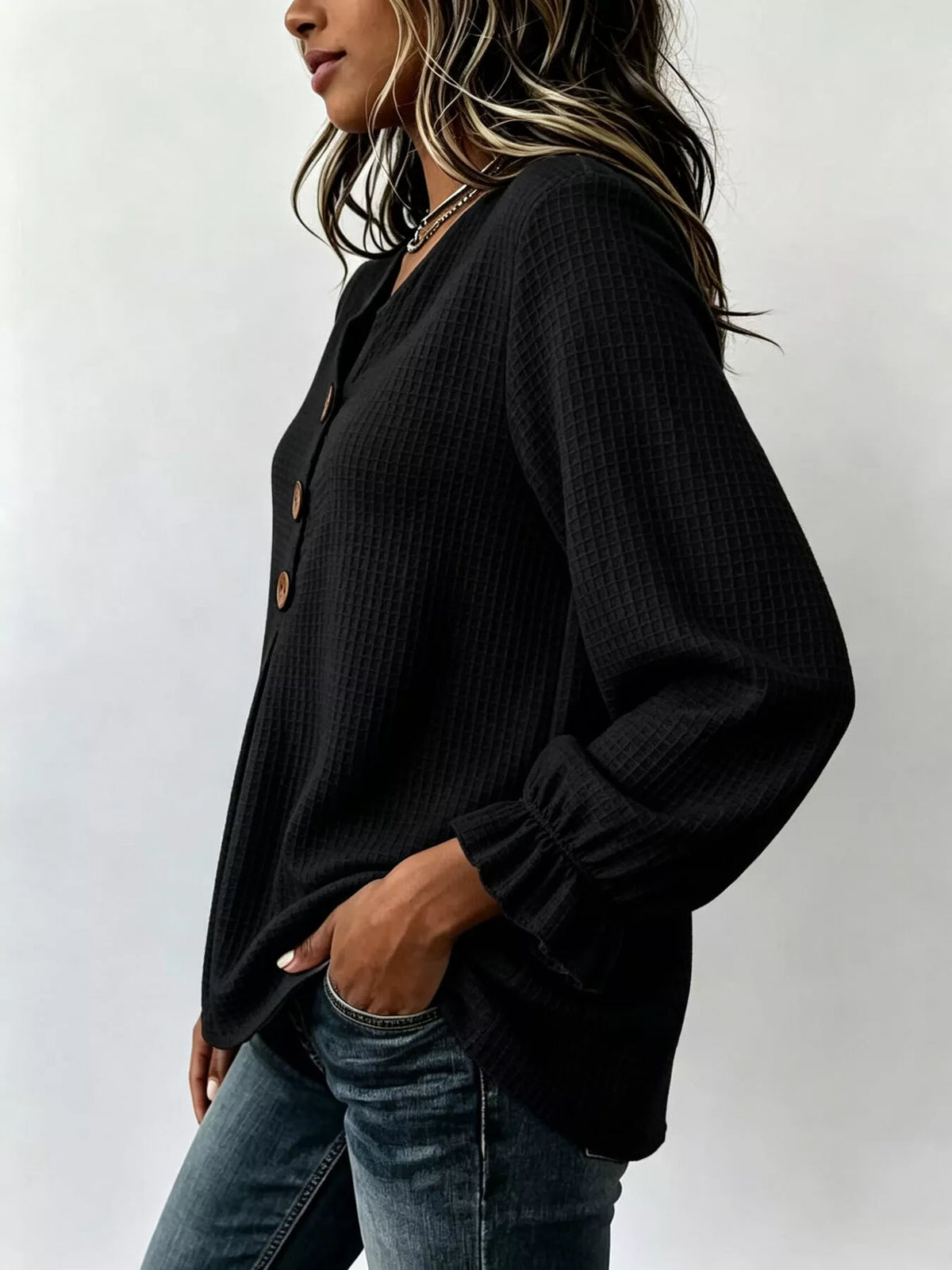 waffle knit long sleeve top | dropsona - neutral - material texture