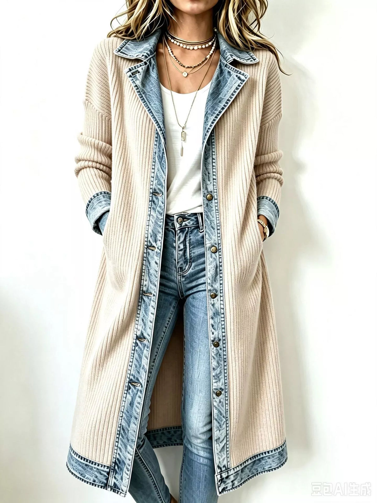 full size denim-trimmed ribbed knit longline cardigan | dropsona - neutral - size reference