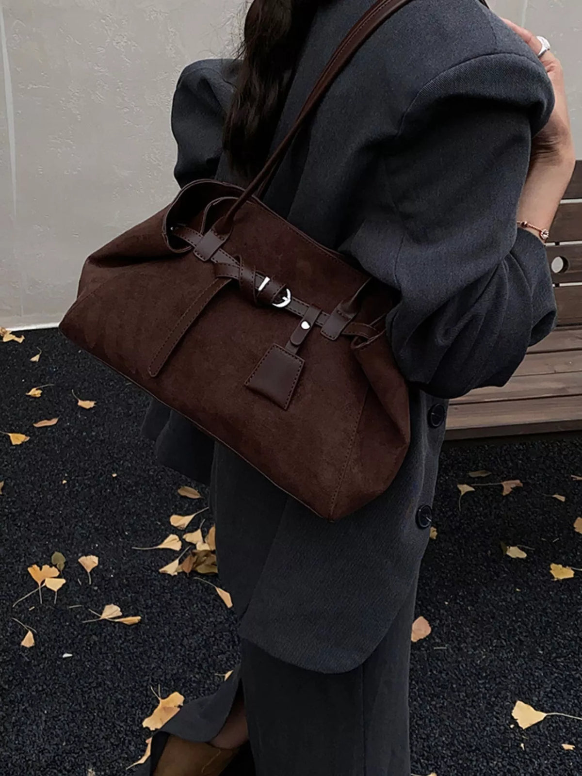 suede decorative belt buckle shoulder bag | dropsona - neutral - packaging