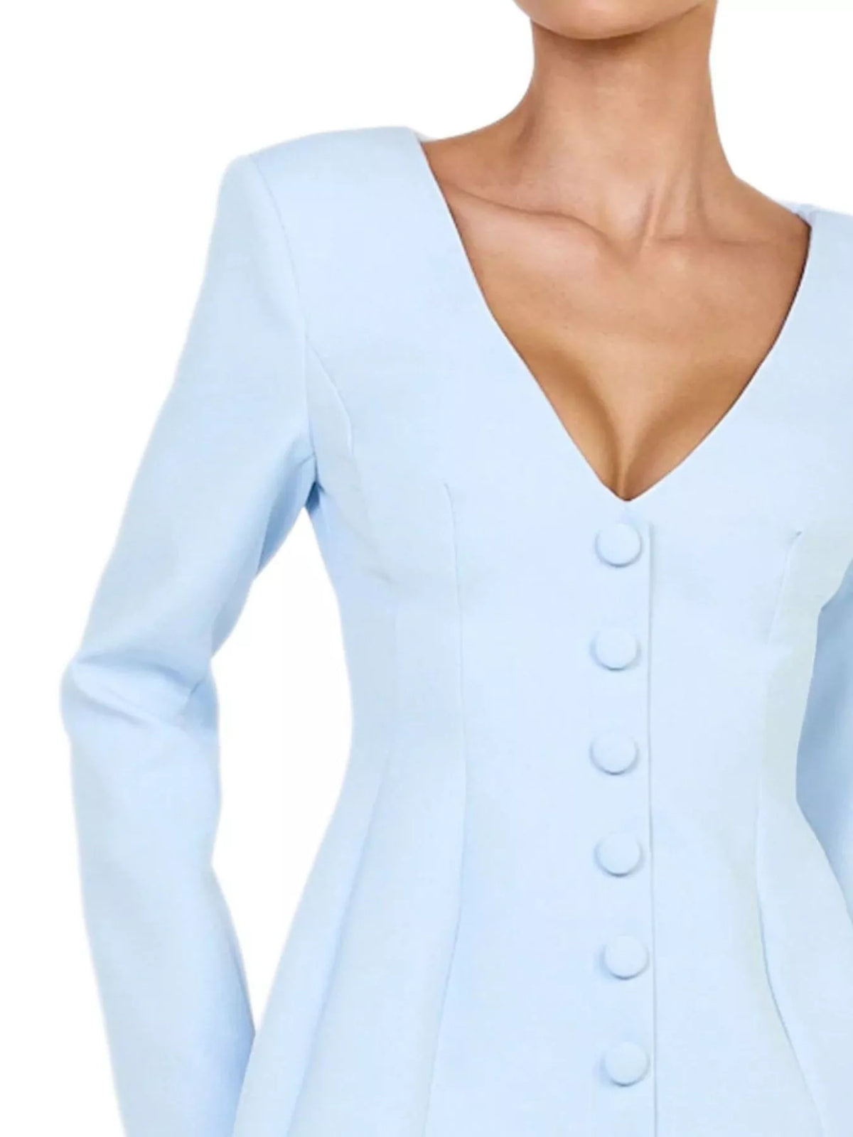 deep v-neck button-down blazer dress – buttoned,zipper | dropsona - neutral - usage example