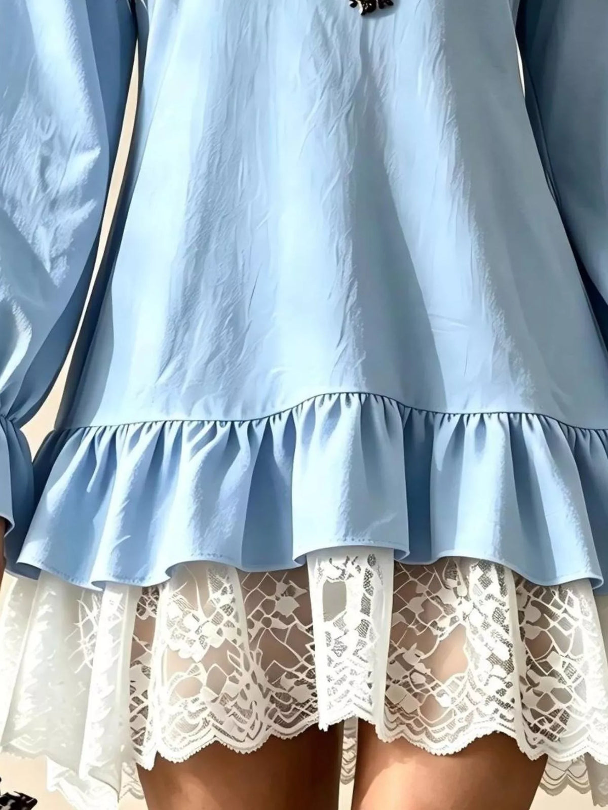 v-neck long sleeve ruffle hem lace trim mini dress | dropsona - neutral - usage example