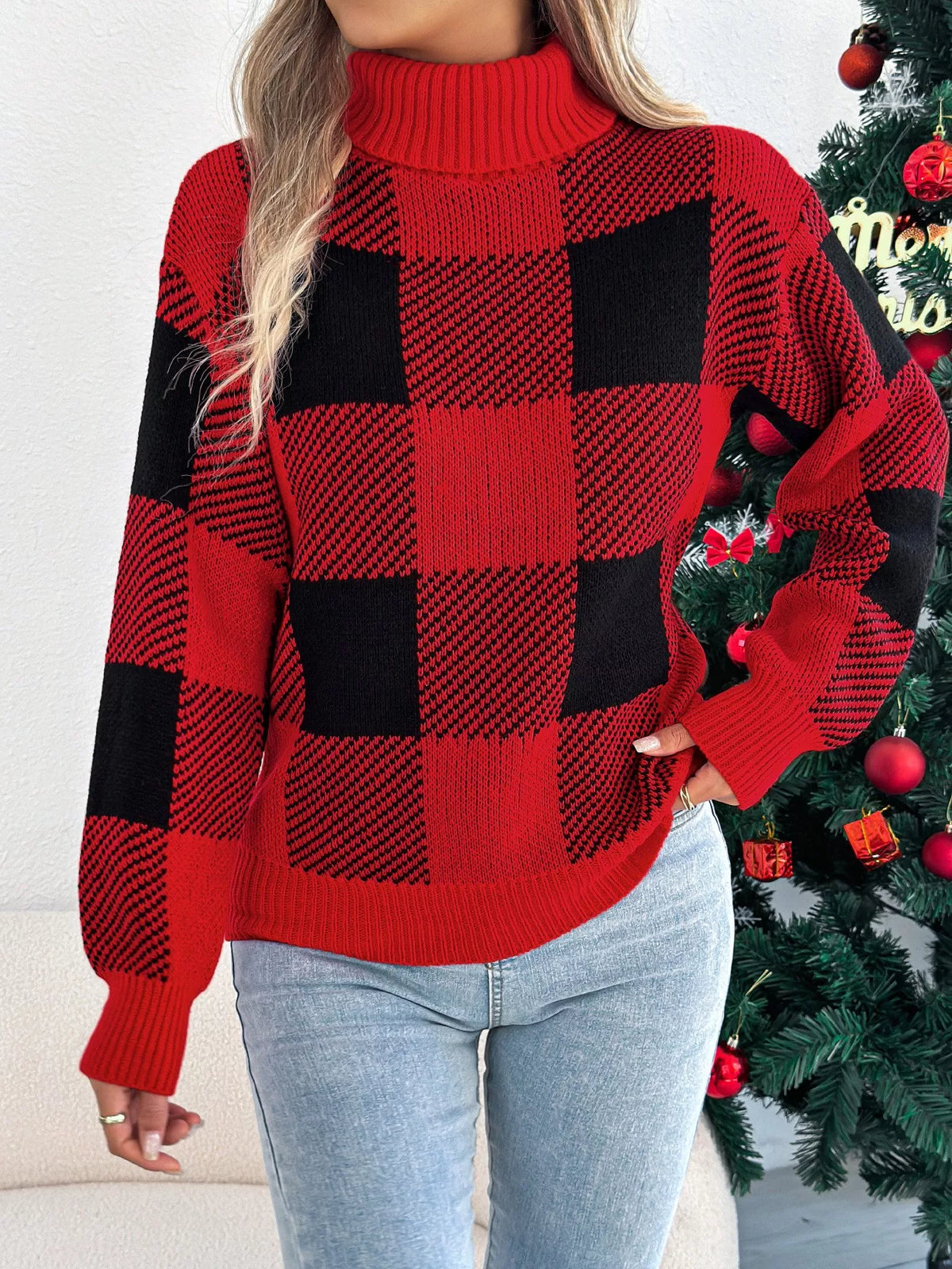 christmas plaid long sleeve turtleneck sweater | dropsona - neutral - usage example