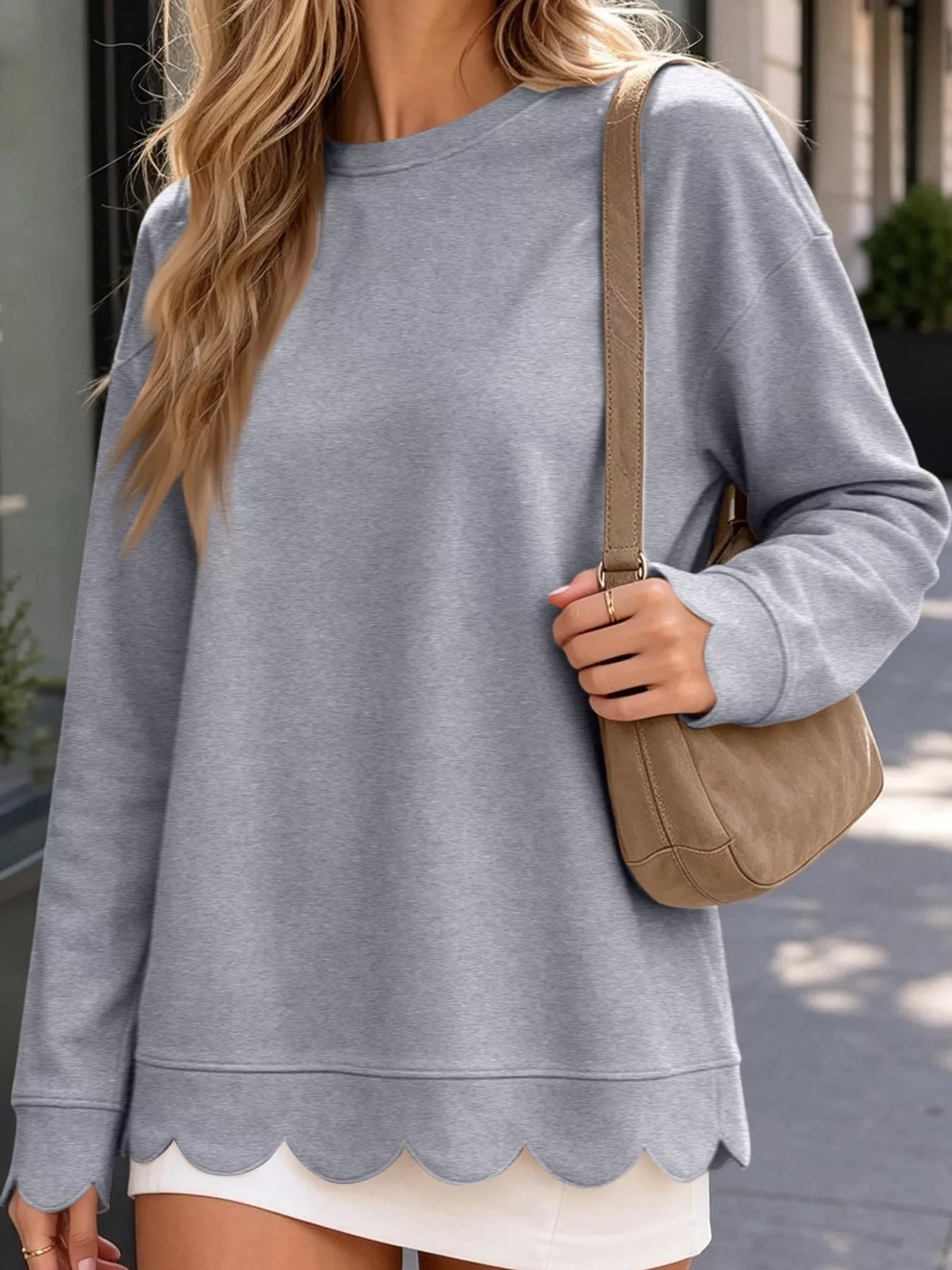 full size casual scalloped hem crewneck sweatshirt | dropsona - neutral - size reference