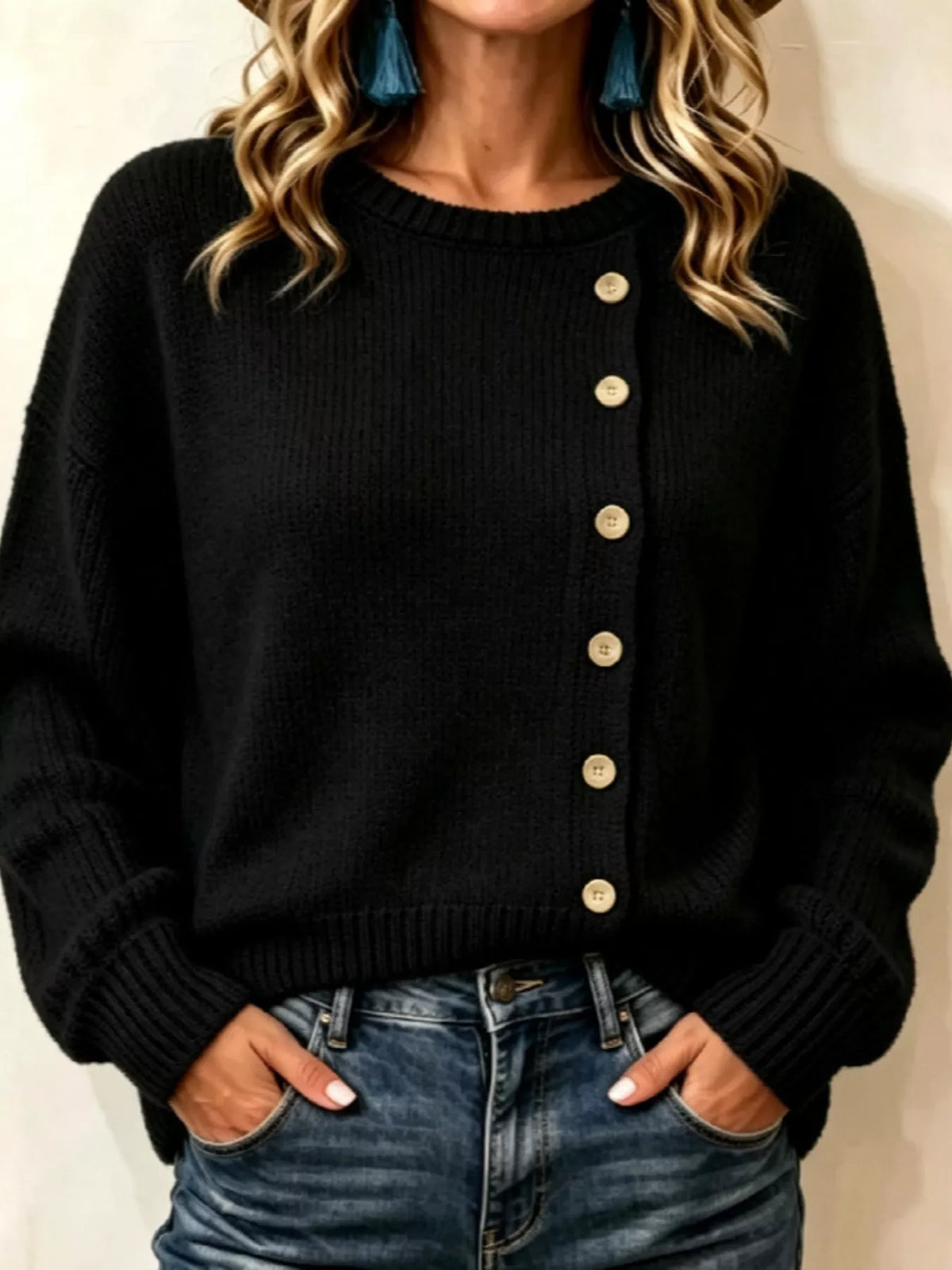 decorative button dropped shoulder sweater – buttoned | dropsona - neutral - size reference