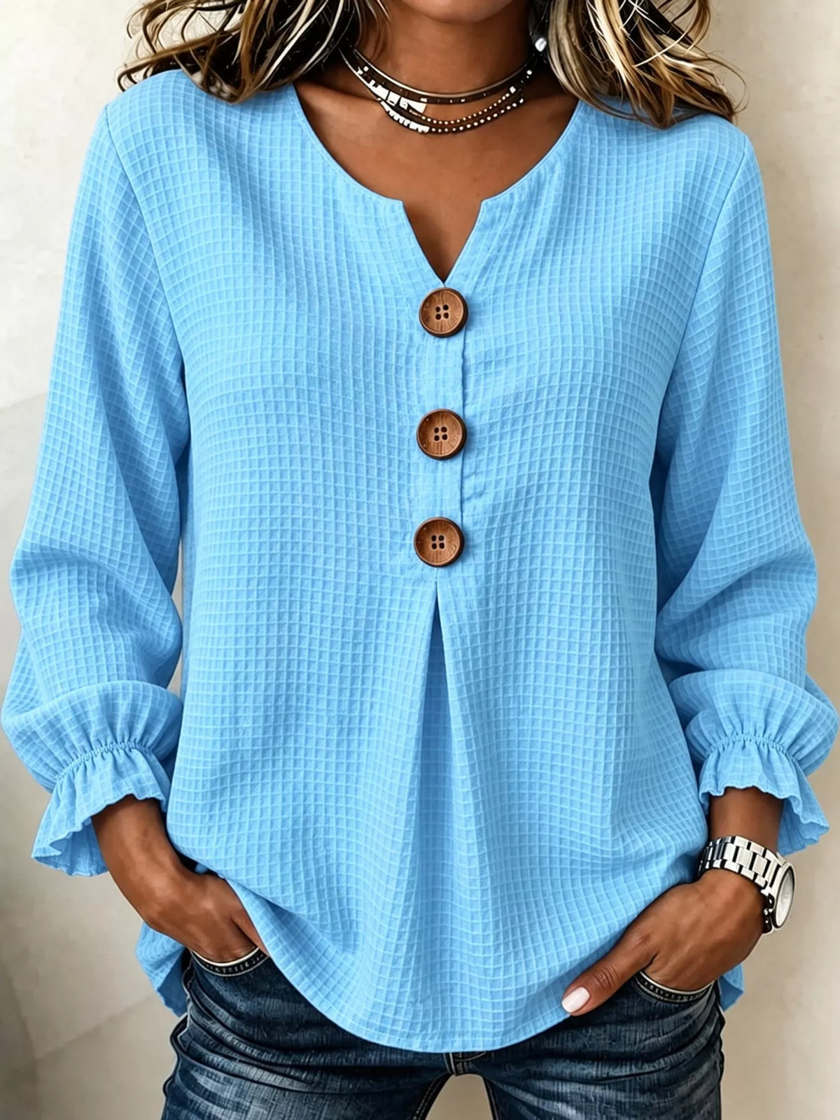 full size waffle knit flounce sleeve blouse plus | dropsona - neutral - close-up detail