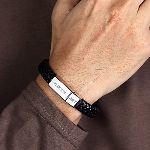 roman numerals engraved mens bracelet, woven braided l | dropsona - neutral - front view