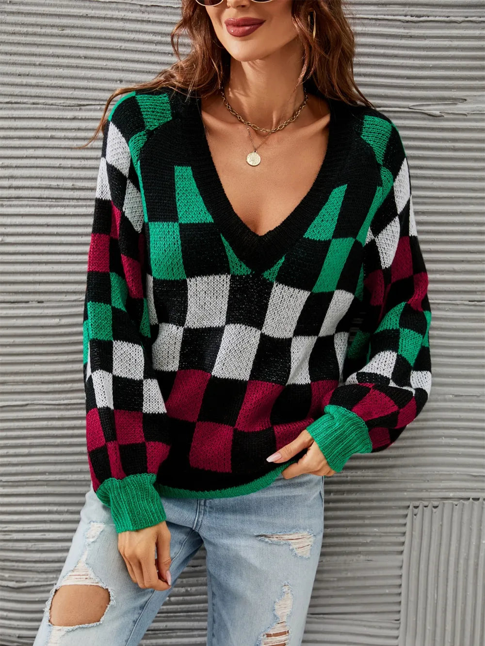 angel wings checkered v-neck lantern sleeve sweater | dropsona - neutral - packaging