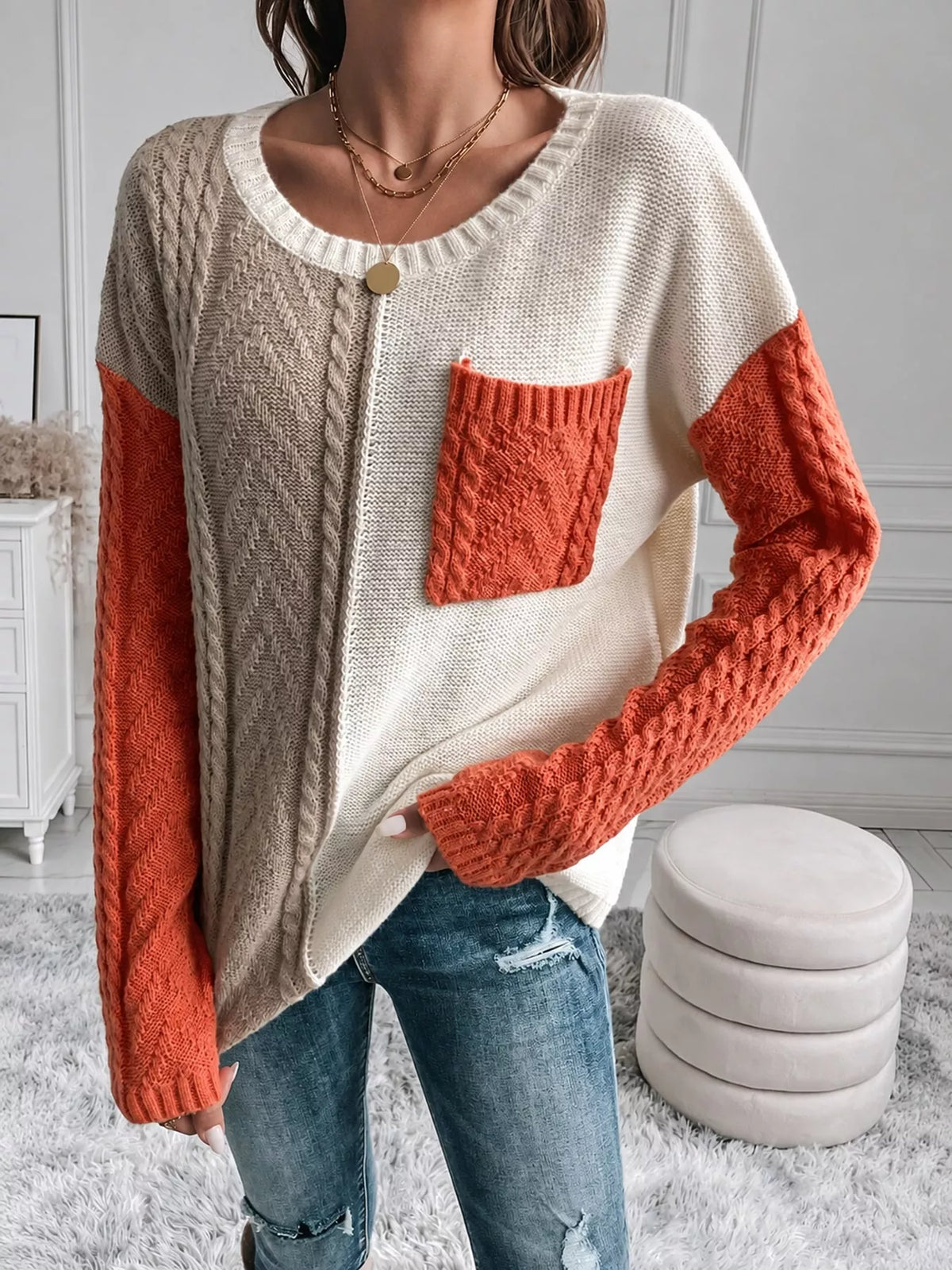 color block cable knit sweater – cable-knit fit | dropsona - neutral - close-up detail