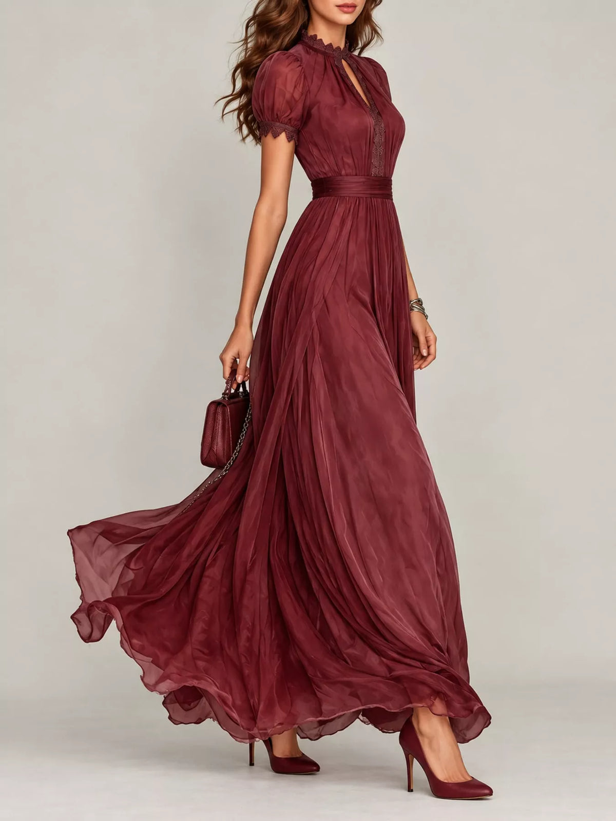 full size elegant sheer chiffon mock-neck maxi dress | dropsona - neutral - front view