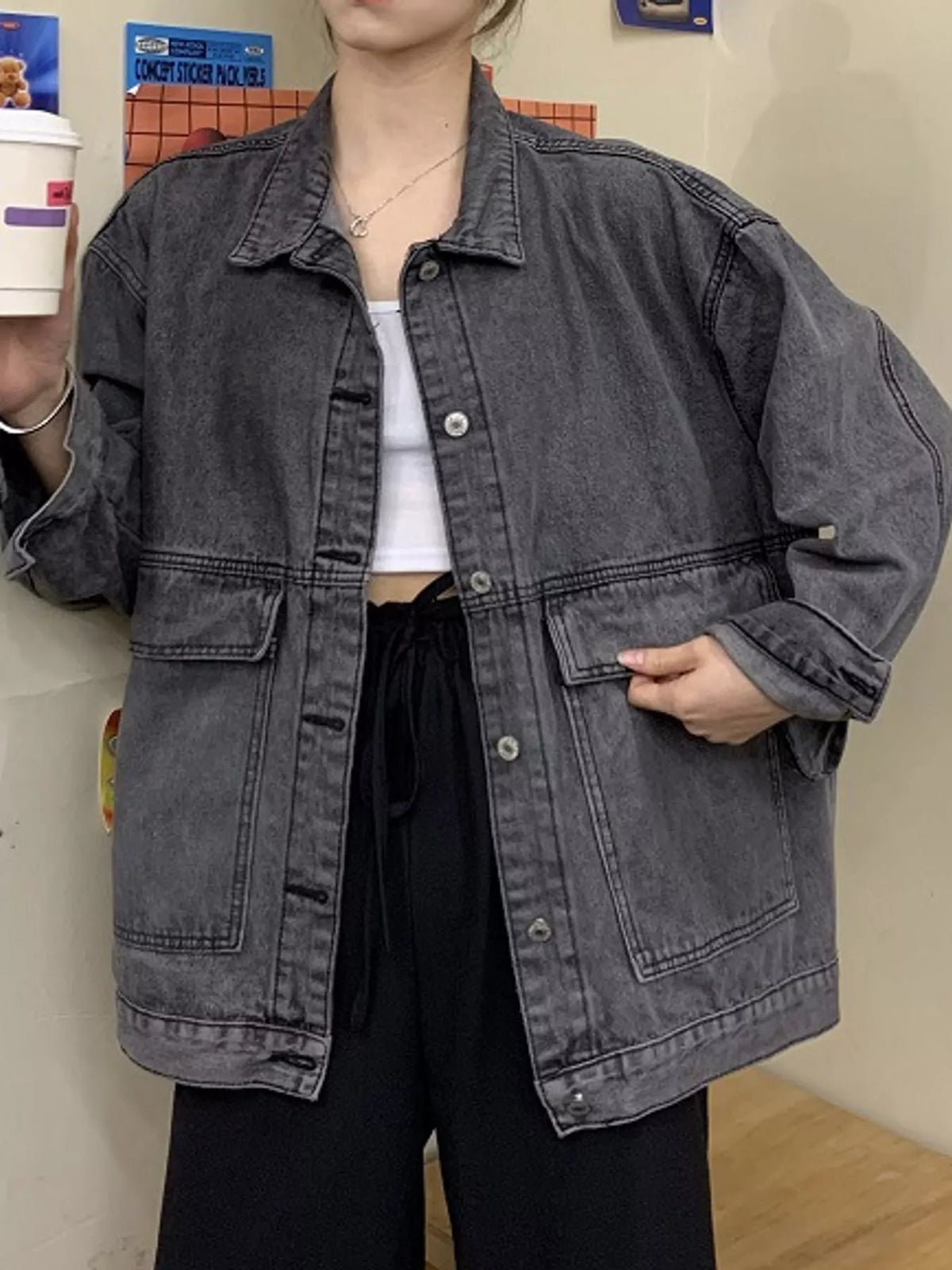 oversized wash denim jacket with utility pockets | dropsona - neutral - close-up detail