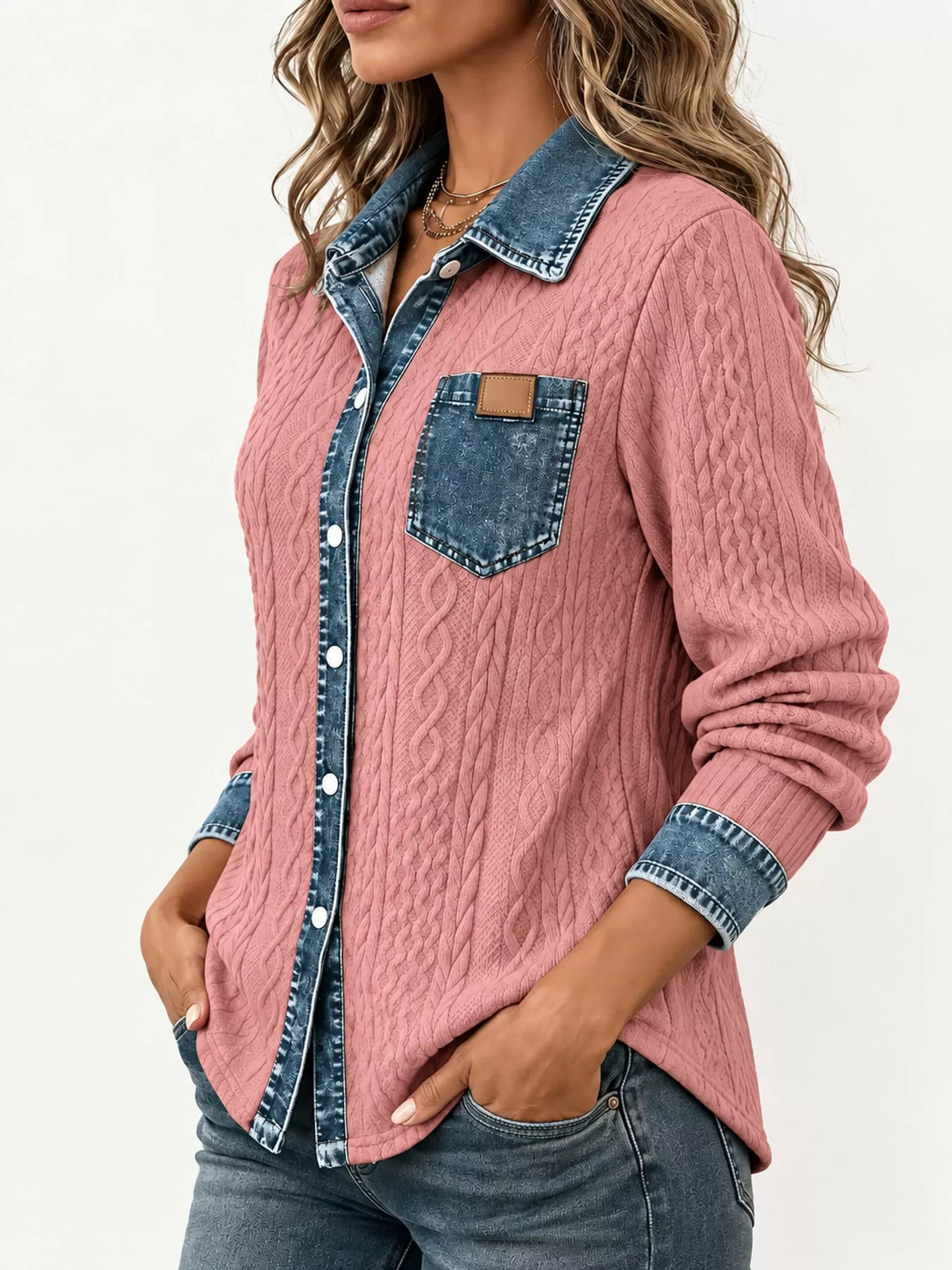 full size contrast denim trim textured button-down | dropsona - neutral - usage example