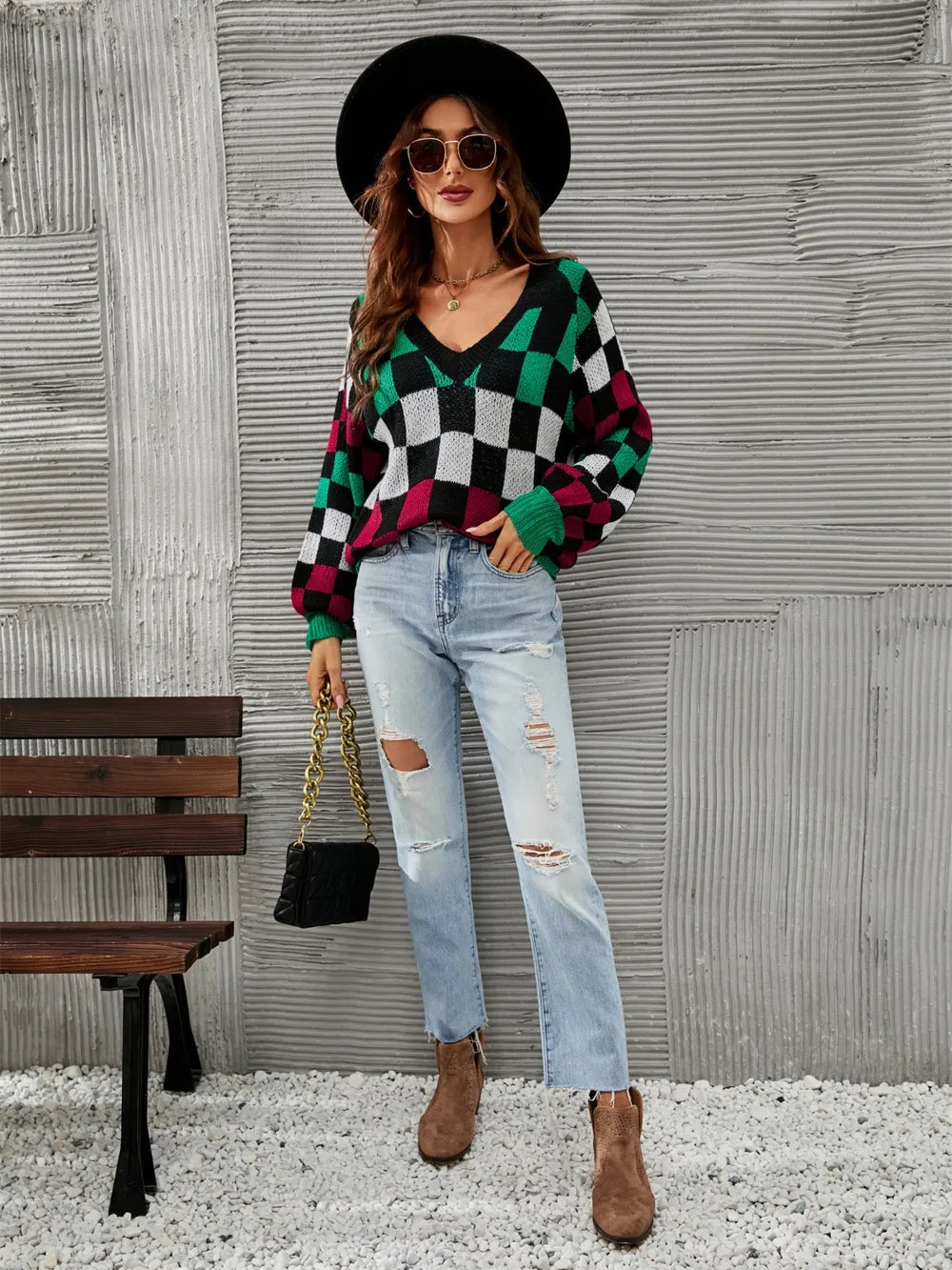 angel wings checkered v-neck lantern sleeve sweater | dropsona - neutral - usage example