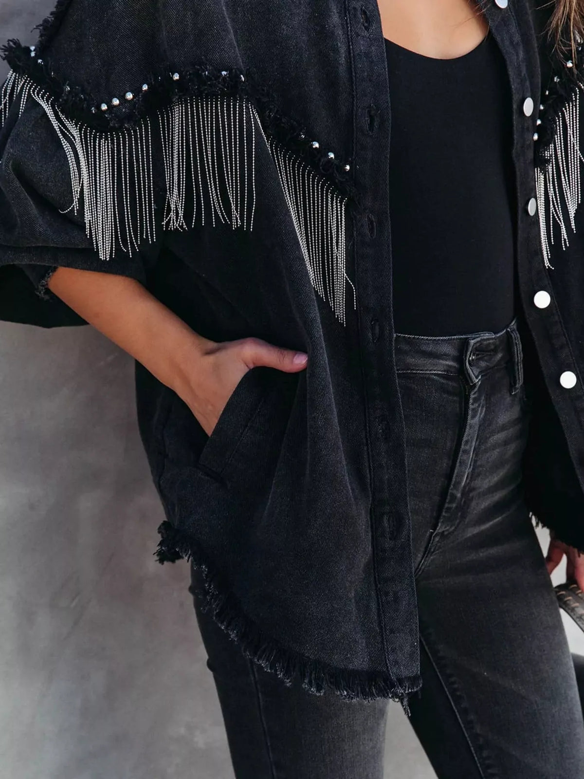 full size fringe embellished washed denim jacket plus | dropsona - neutral - size reference