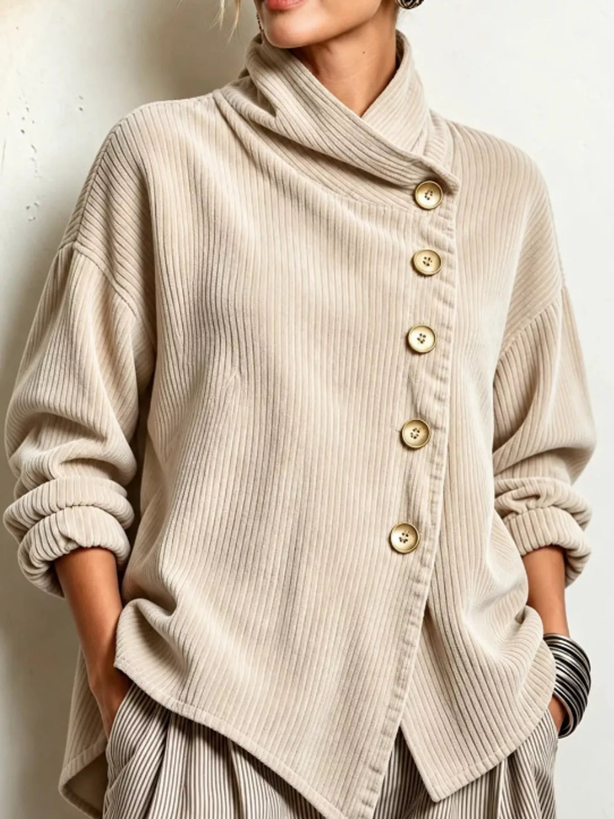 full size asymmetric button-down corduroy jacket plus | dropsona - neutral - close-up detail