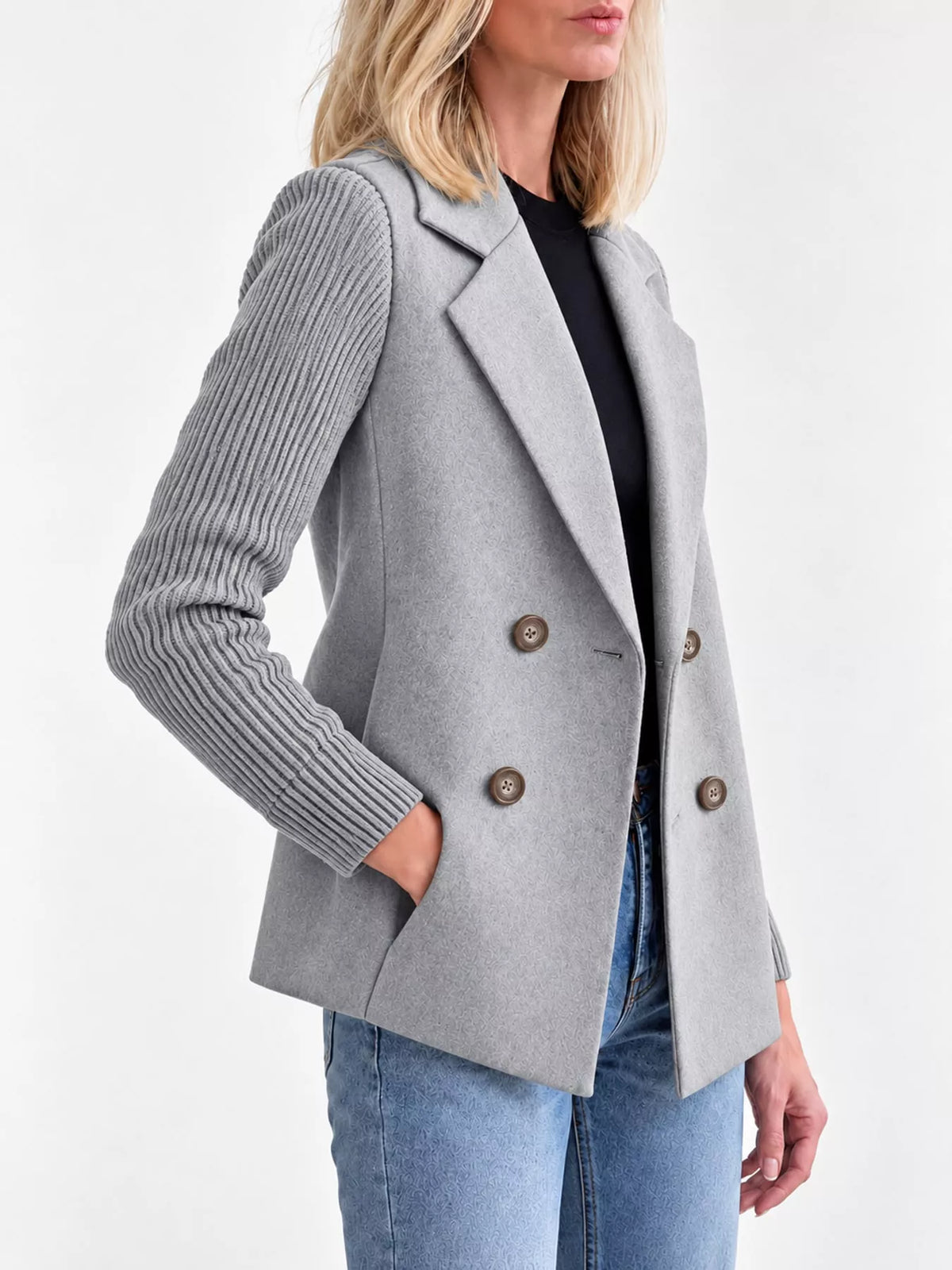 full size double-breasted lapel collar blazer plus | dropsona - neutral - close-up detail