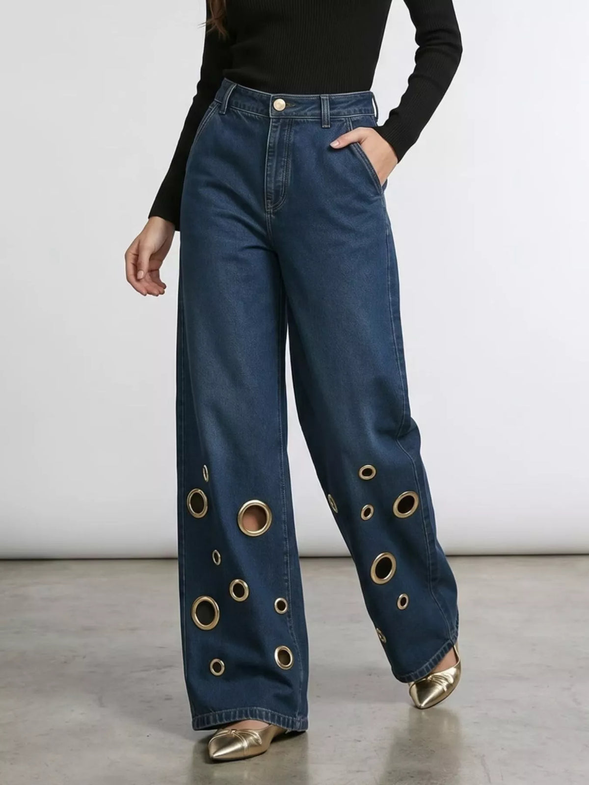 wide leg jeans with eyelet details - front view