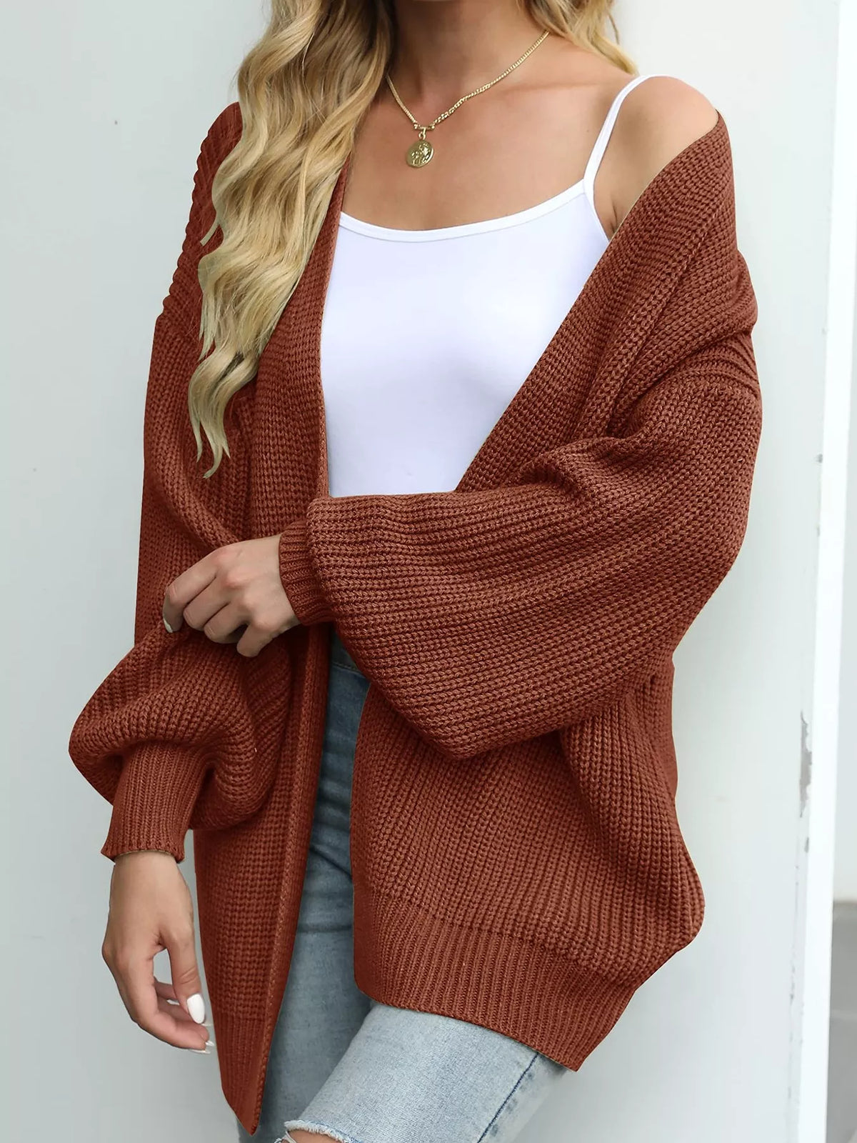 chunky knit open front cardigan with lantern sleeves | dropsona - neutral - close-up detail