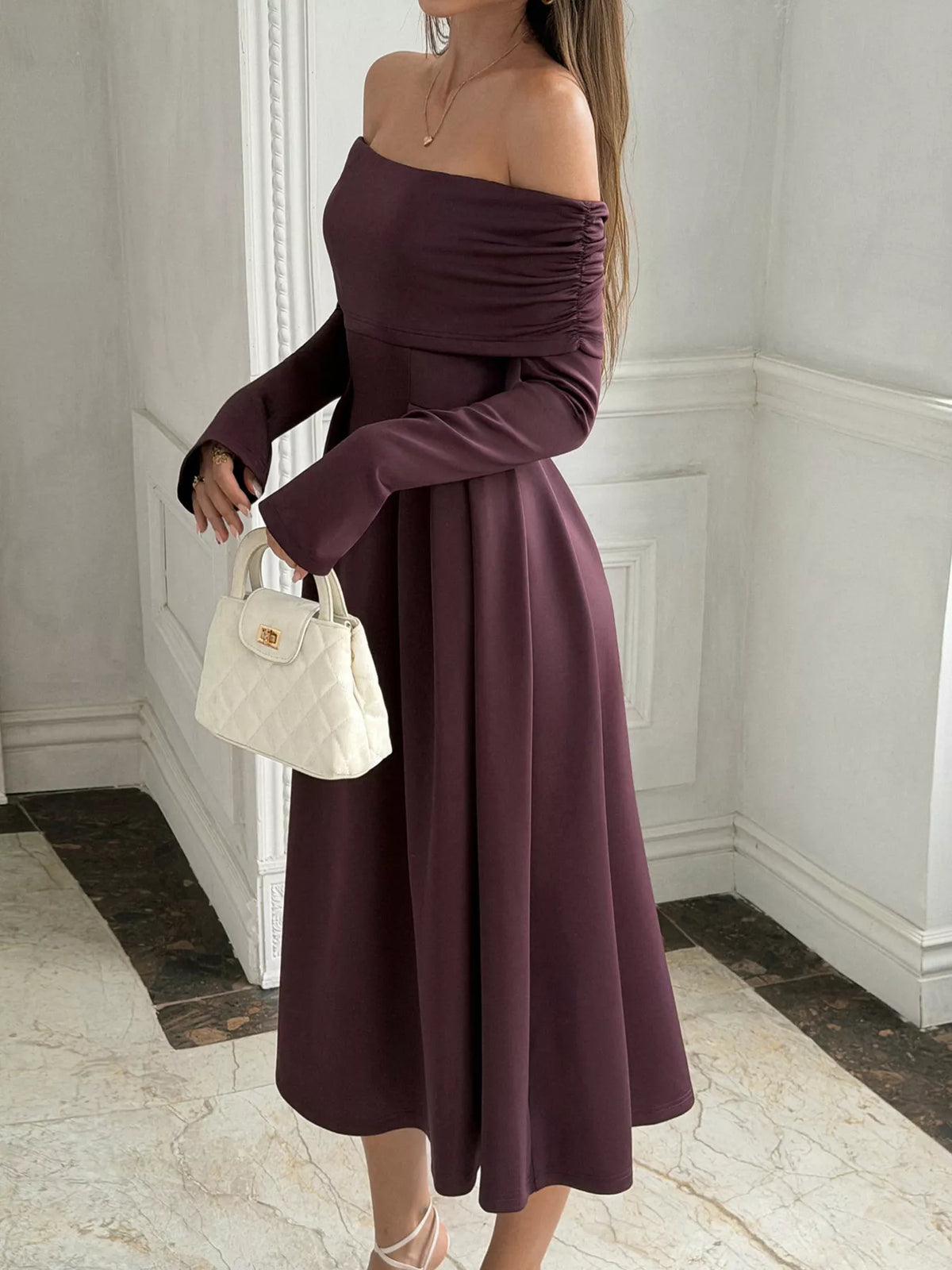 off-shoulder long sleeve midi dress – ruched, zipper | dropsona - neutral - size reference
