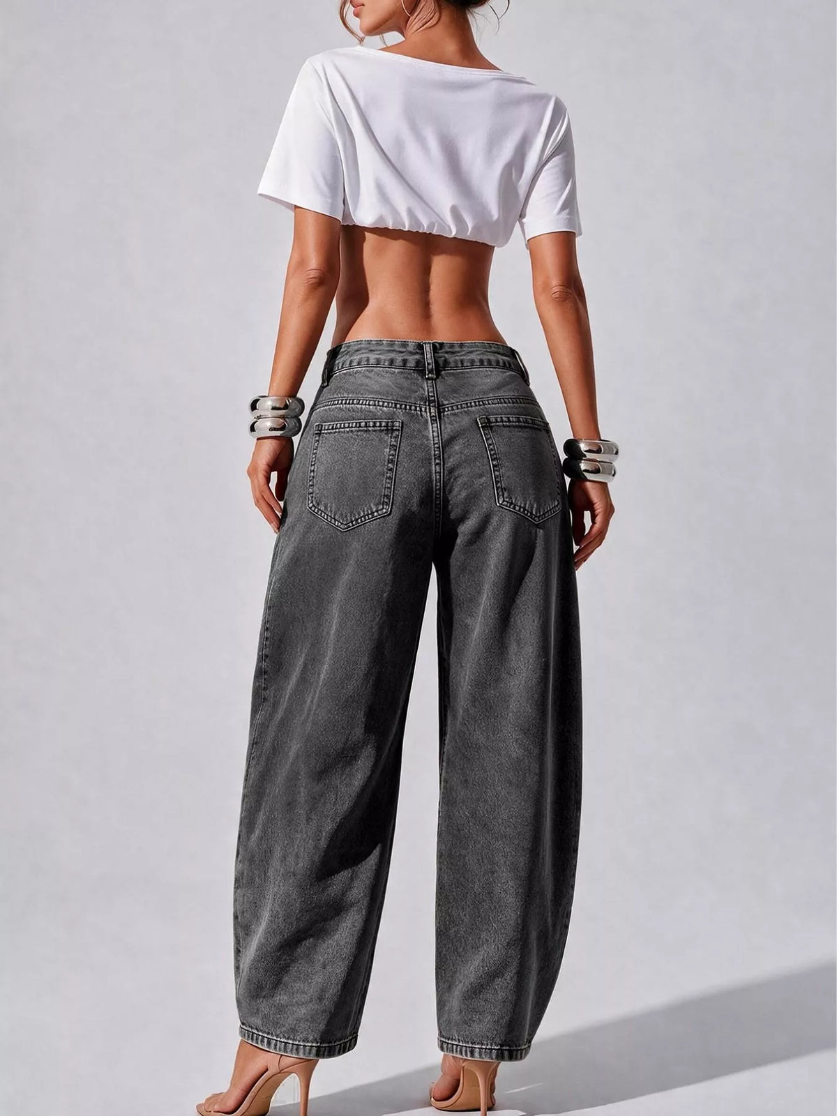 decorative button wide leg jeans – buttoned,pocketed | dropsona - neutral - material texture