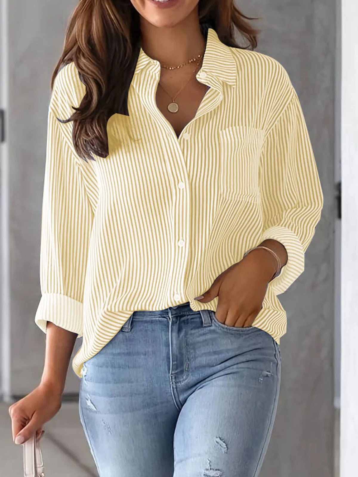 full size striped button-down long sleeve shirt plus | dropsona - neutral - close-up detail