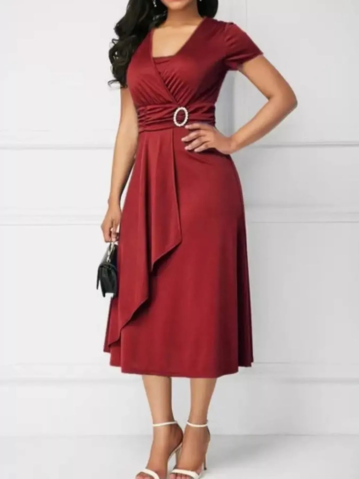 full size decorative buckle short sleeve dress plus | dropsona - neutral - size reference