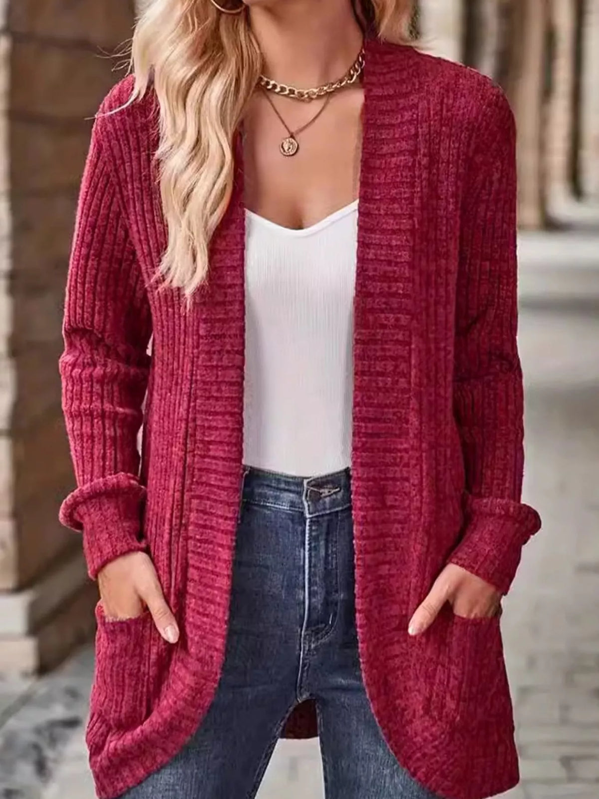ribbed knit open front cardigan with pockets | dropsona - neutral - material texture