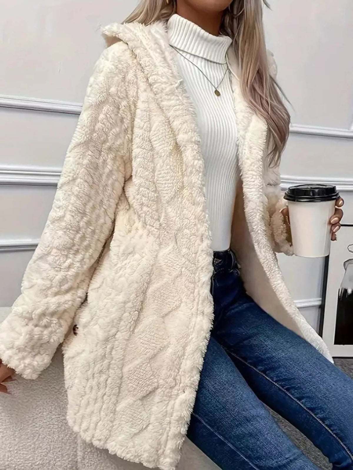 full size cozy cable-knit faux fur hooded outerwear | dropsona - neutral - close-up detail