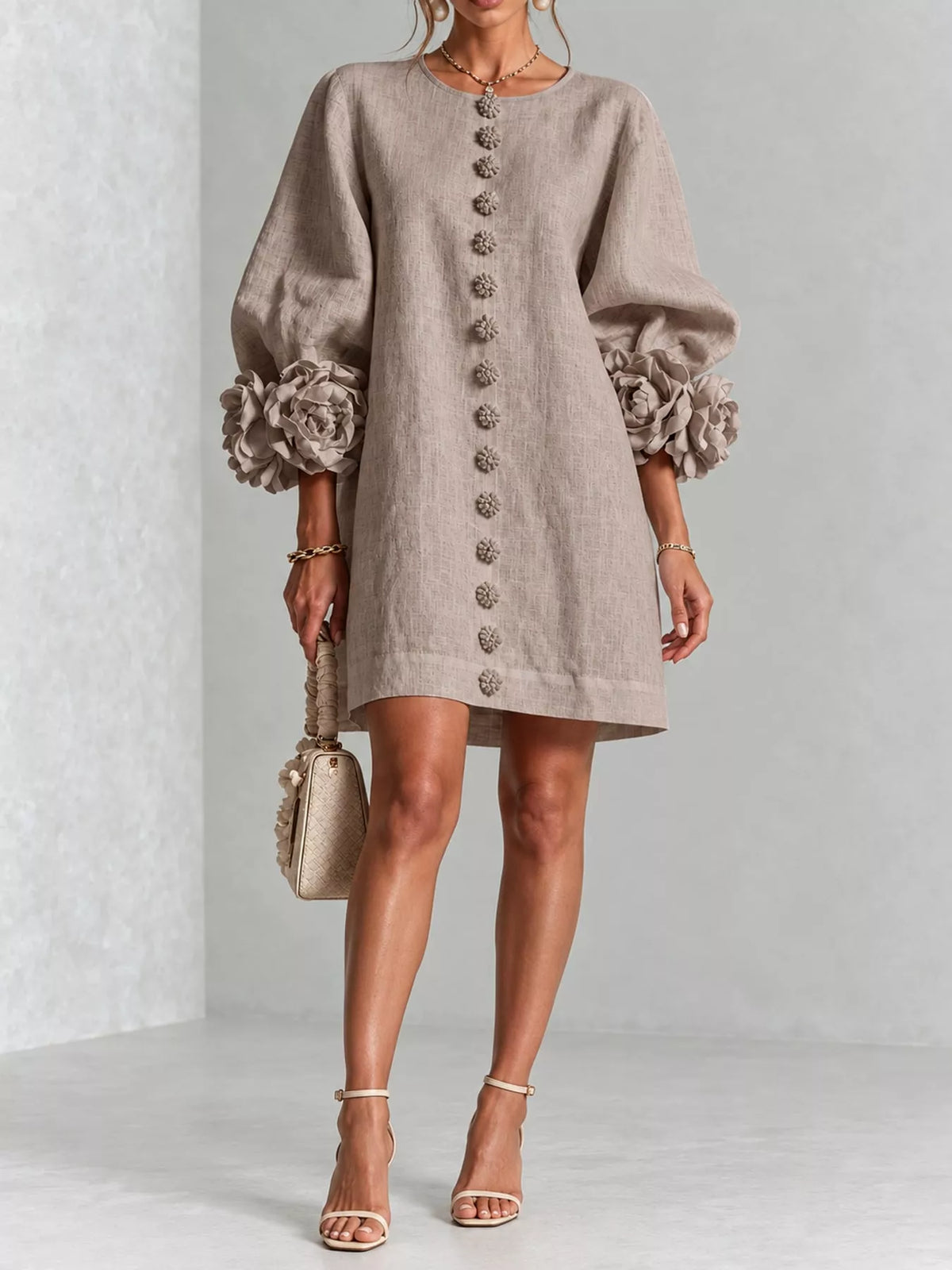 full size 3d floral sleeve accents mini dress plus | dropsona - neutral - packaging