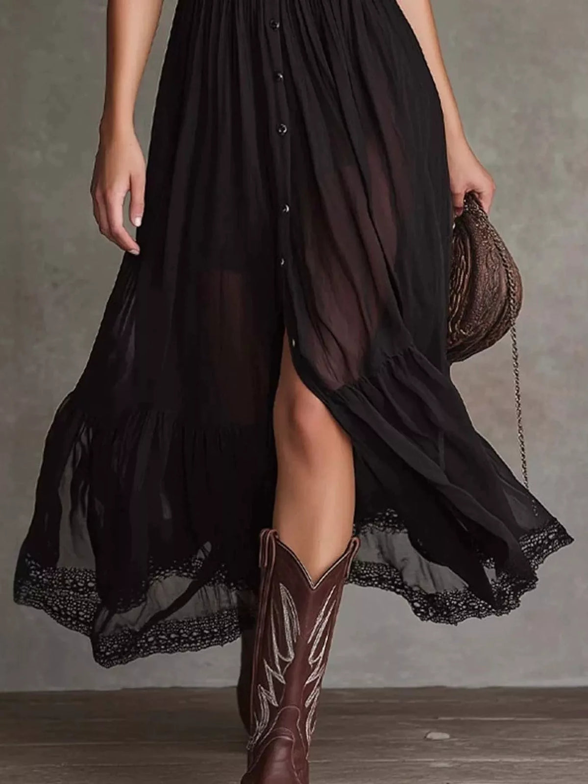 button-down midi dress with lace trim | dropsona - neutral - close-up detail