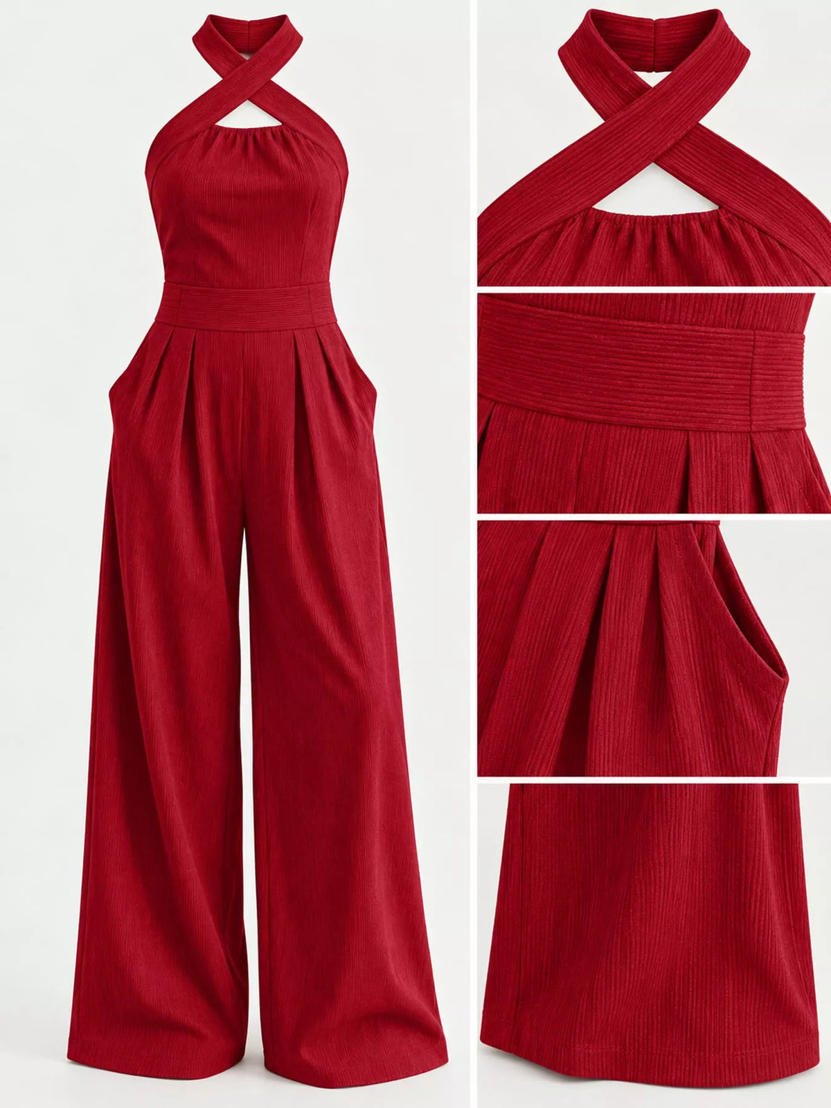 full size halter neck wide-leg jumpsuit plus | dropsona - neutral - front view