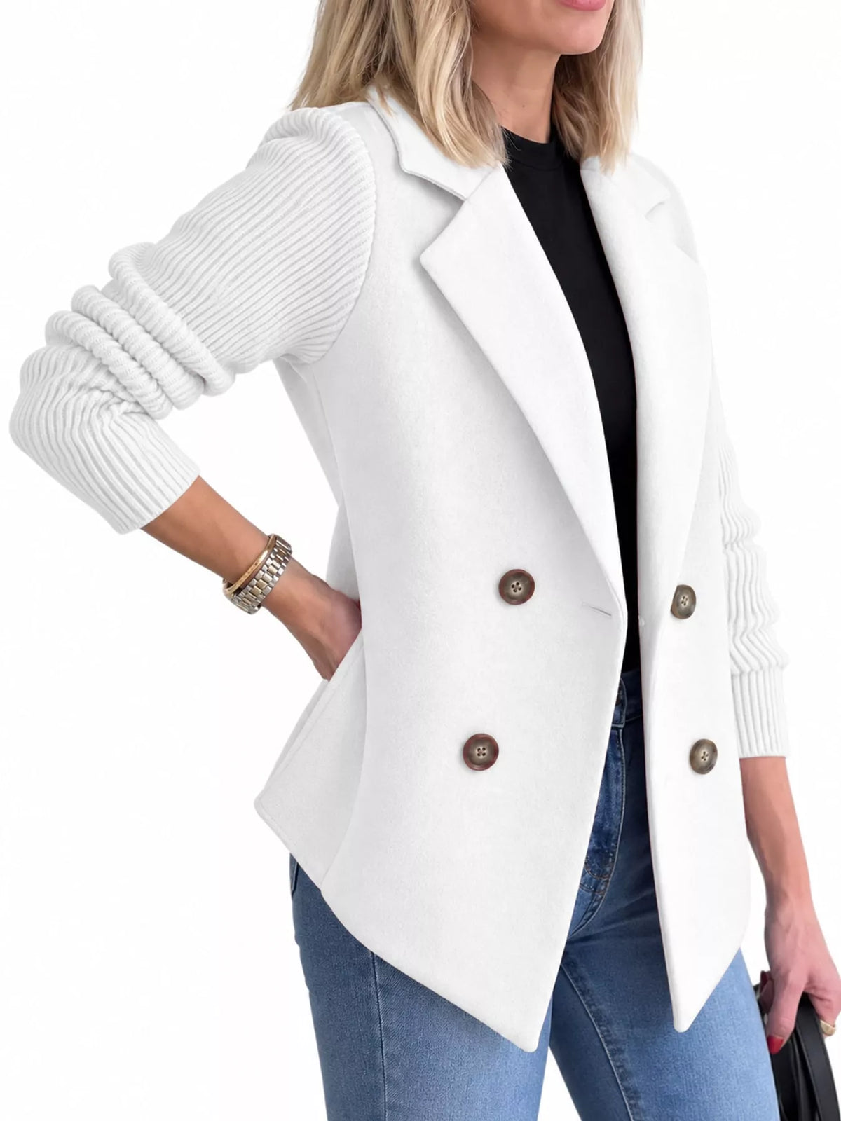 full size double-breasted hybrid blazer with ribbed | dropsona - neutral - material texture