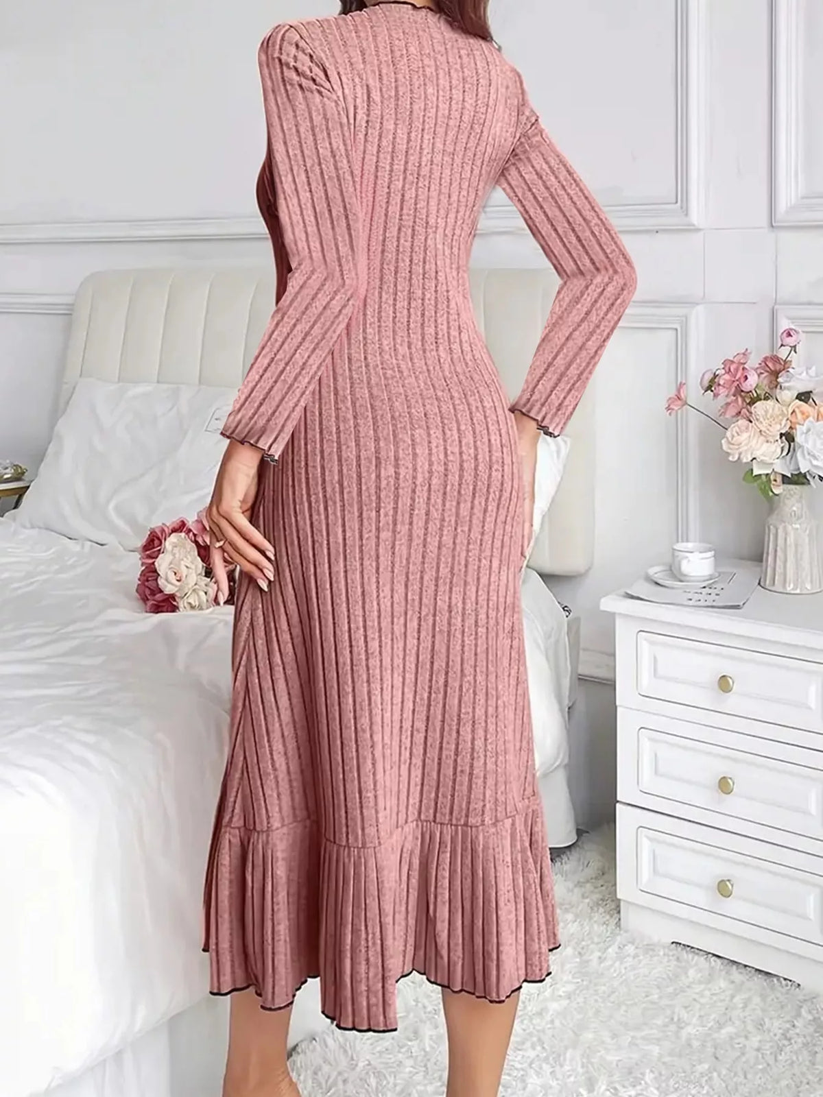 full size ribbed knit ruffle hem bodycon dress plus | dropsona - neutral - size reference