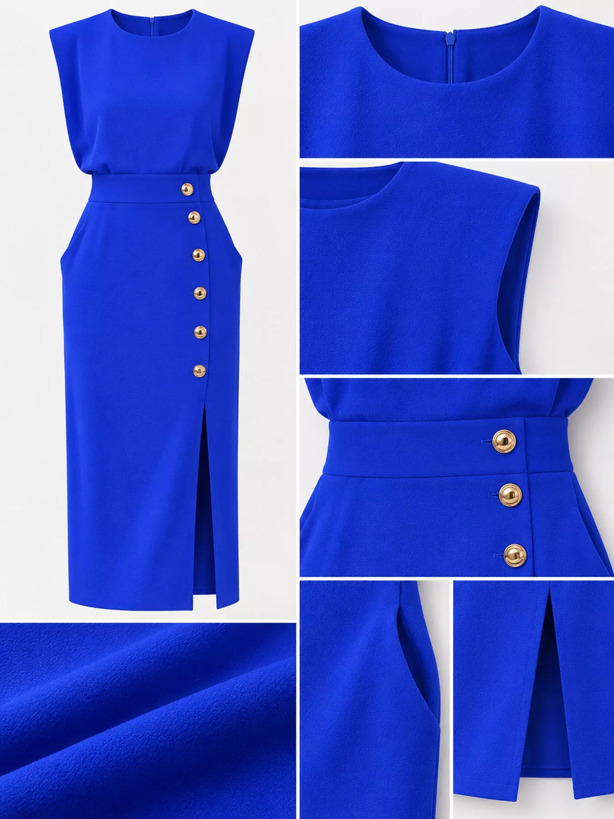 sleeveless midi dress with gold button detail and | dropsona - neutral - close-up detail