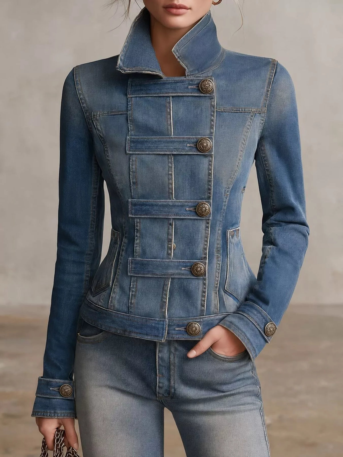 button up fitted denim jacket – buttoned,washed | dropsona - neutral - everyday use