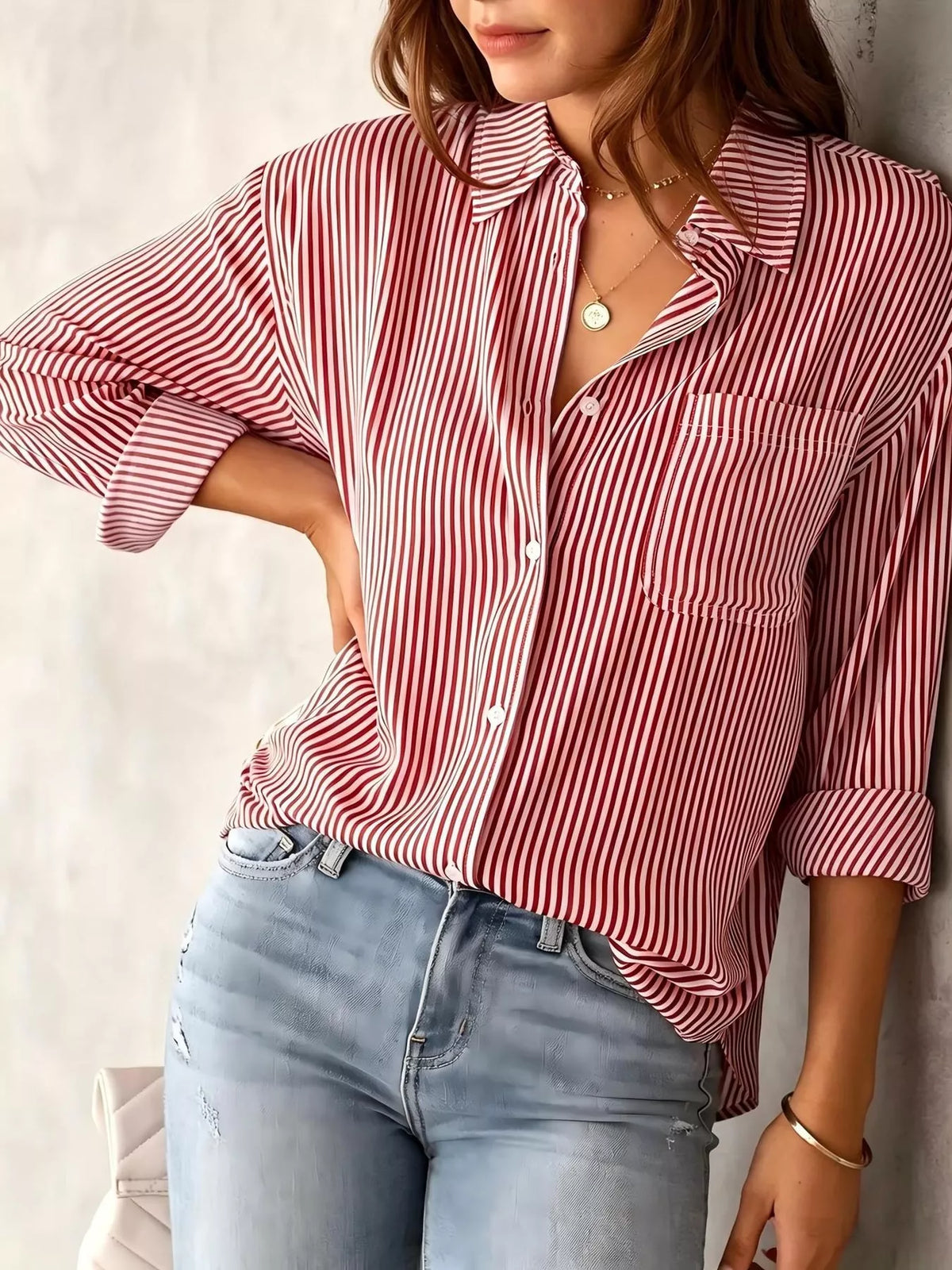 full size striped button-down long sleeve shirt plus | dropsona - neutral - material texture