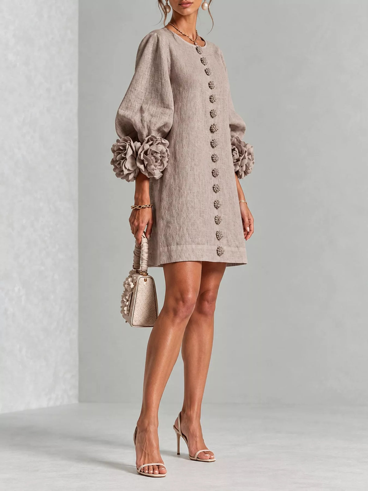 full size 3d floral sleeve accents mini dress plus | dropsona - neutral - front view