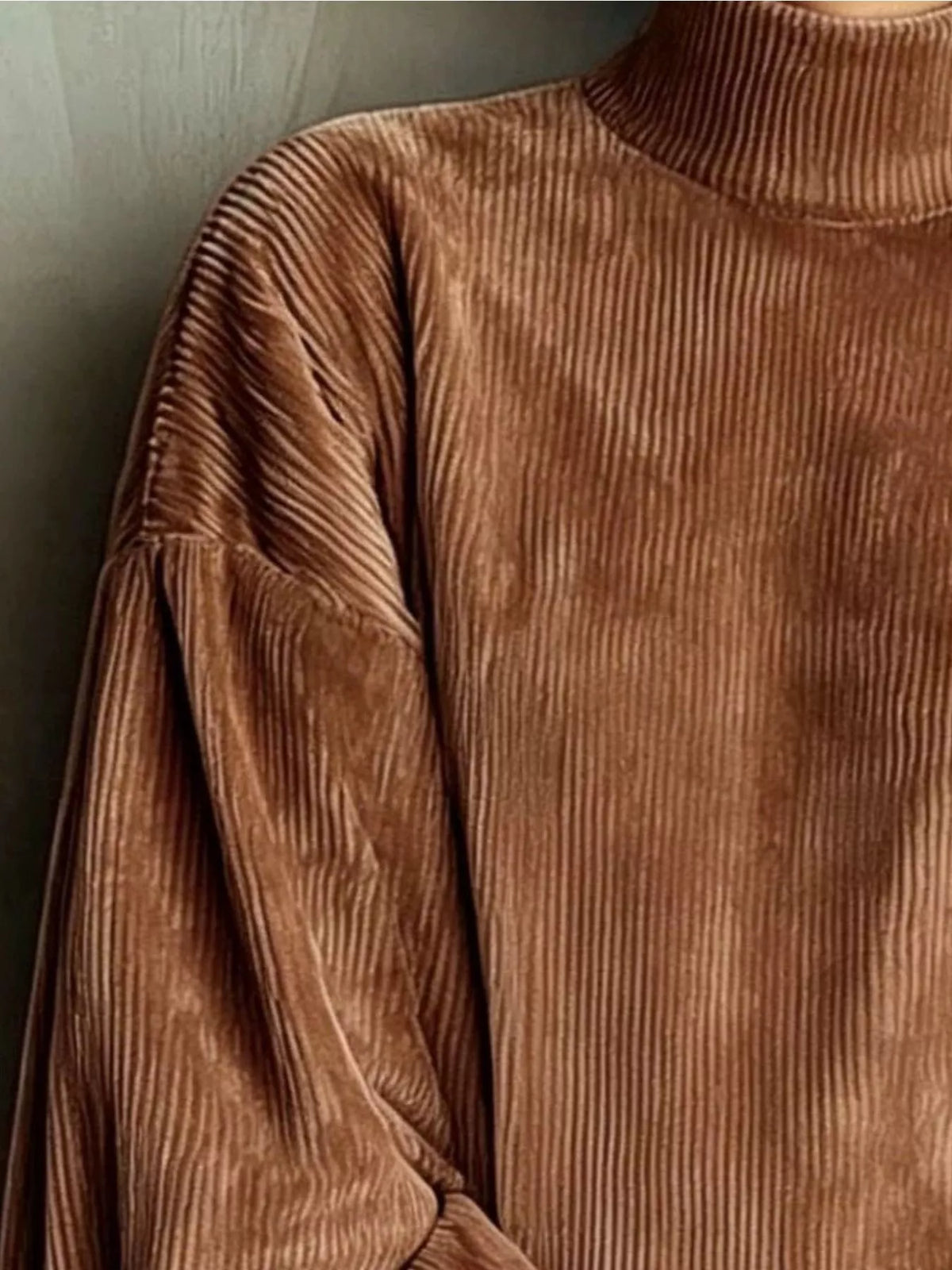 full size corduroy mock neck lantern sleeve mini | dropsona - neutral - front view