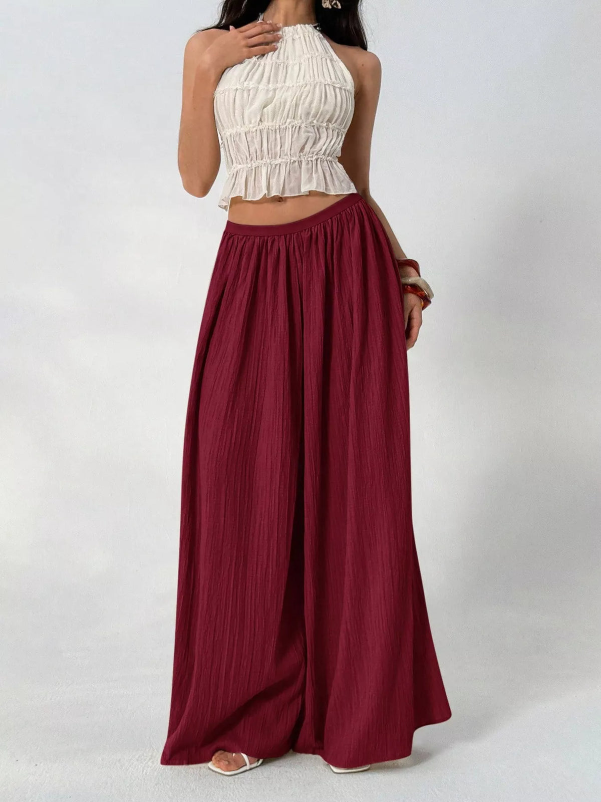 high-waisted wide-leg pleated casual pants | dropsona - neutral - material texture