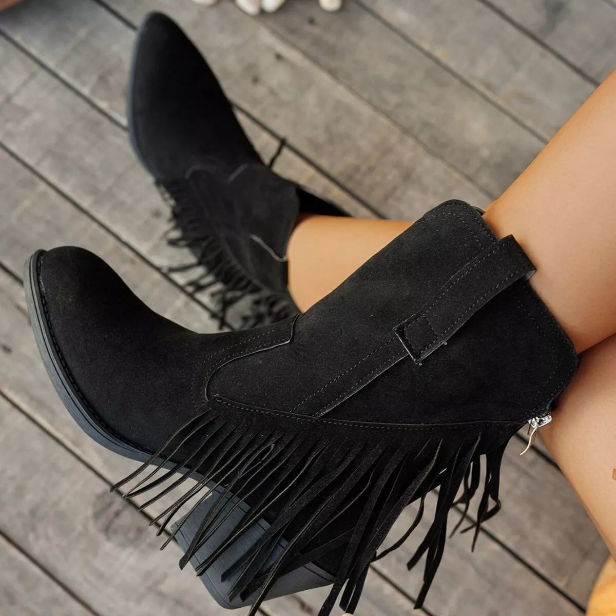 fringe block heel ankle boots – dear monkey | dropsona - neutral - usage example